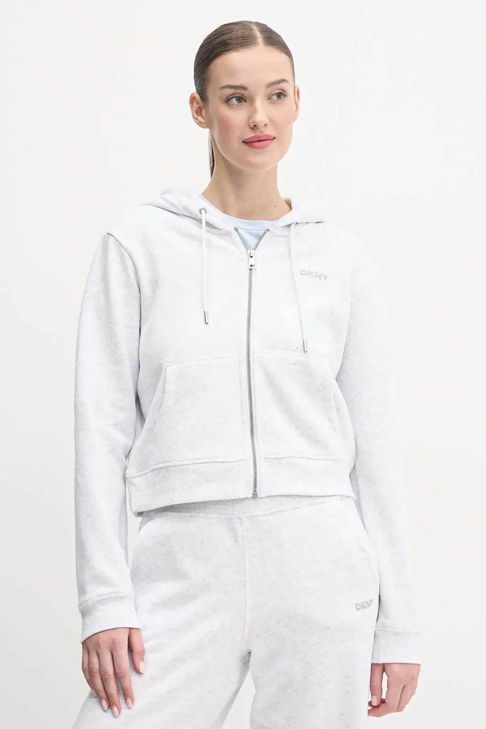 DKNY DKNY γυναικεία ζακέτα φούτερ με κουκούλα και ανάγλυφο λογότυπο με στρας Relaxed Fit - DP5J9508 Λευκό