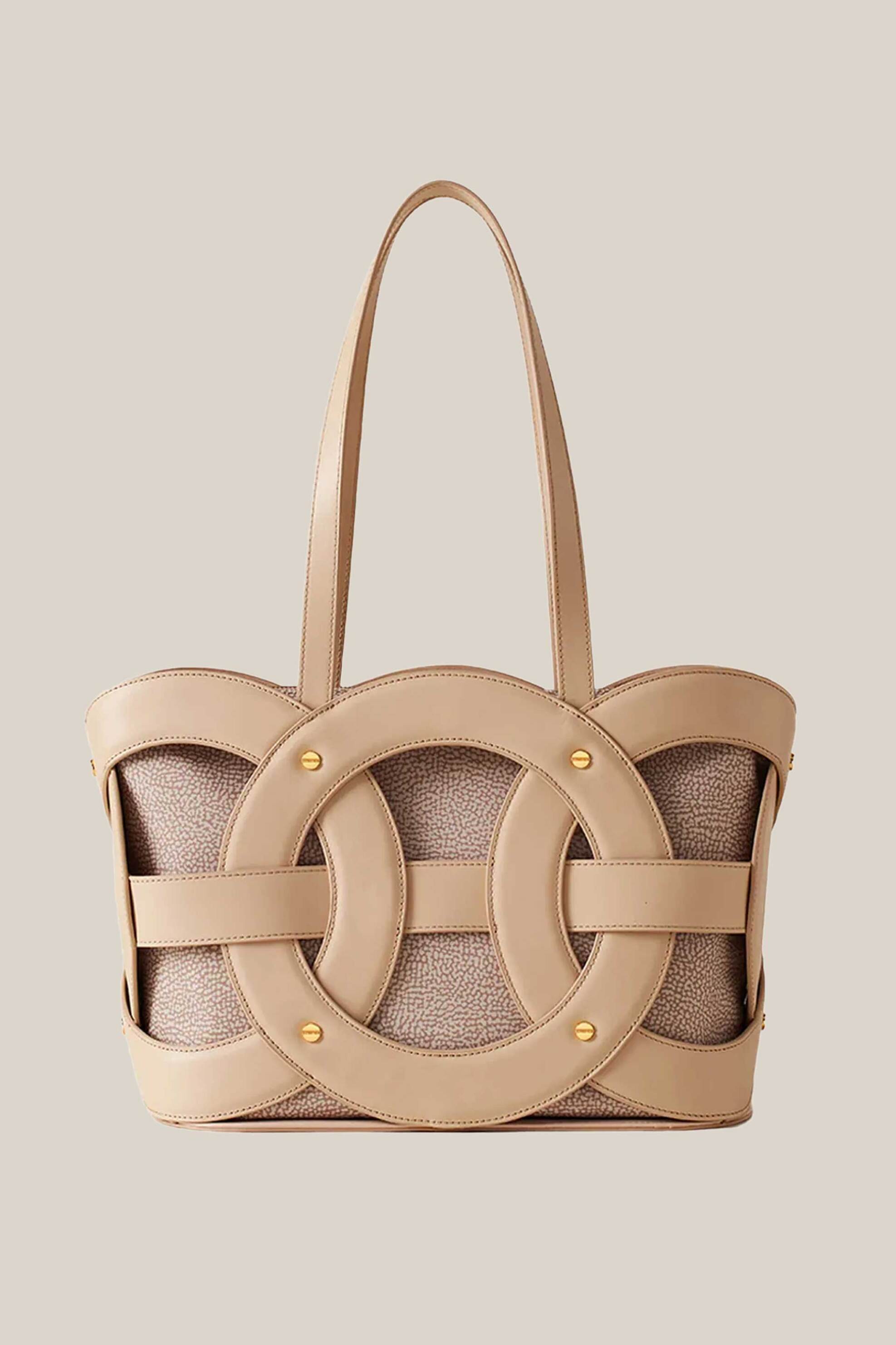 BORBONESE Borbonese γυναικεία δερμάτινη τσάντα shopper "All Round Medium" - P2591010052-0057-C75 Μπεζ