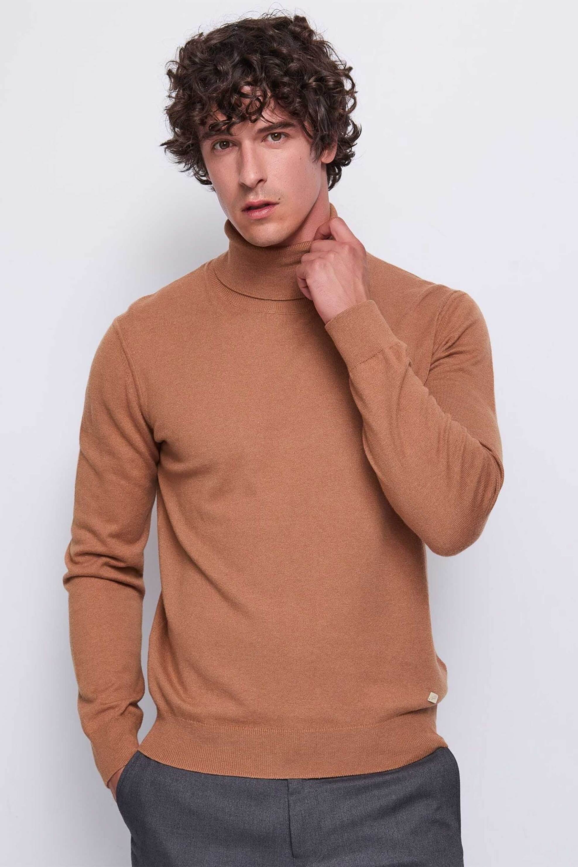 Gaudi ανδρική πλεκτή μπλούζα ζιβάγκο μονόχρωμη - 521GU53062 Καφέ Ανοιχτό