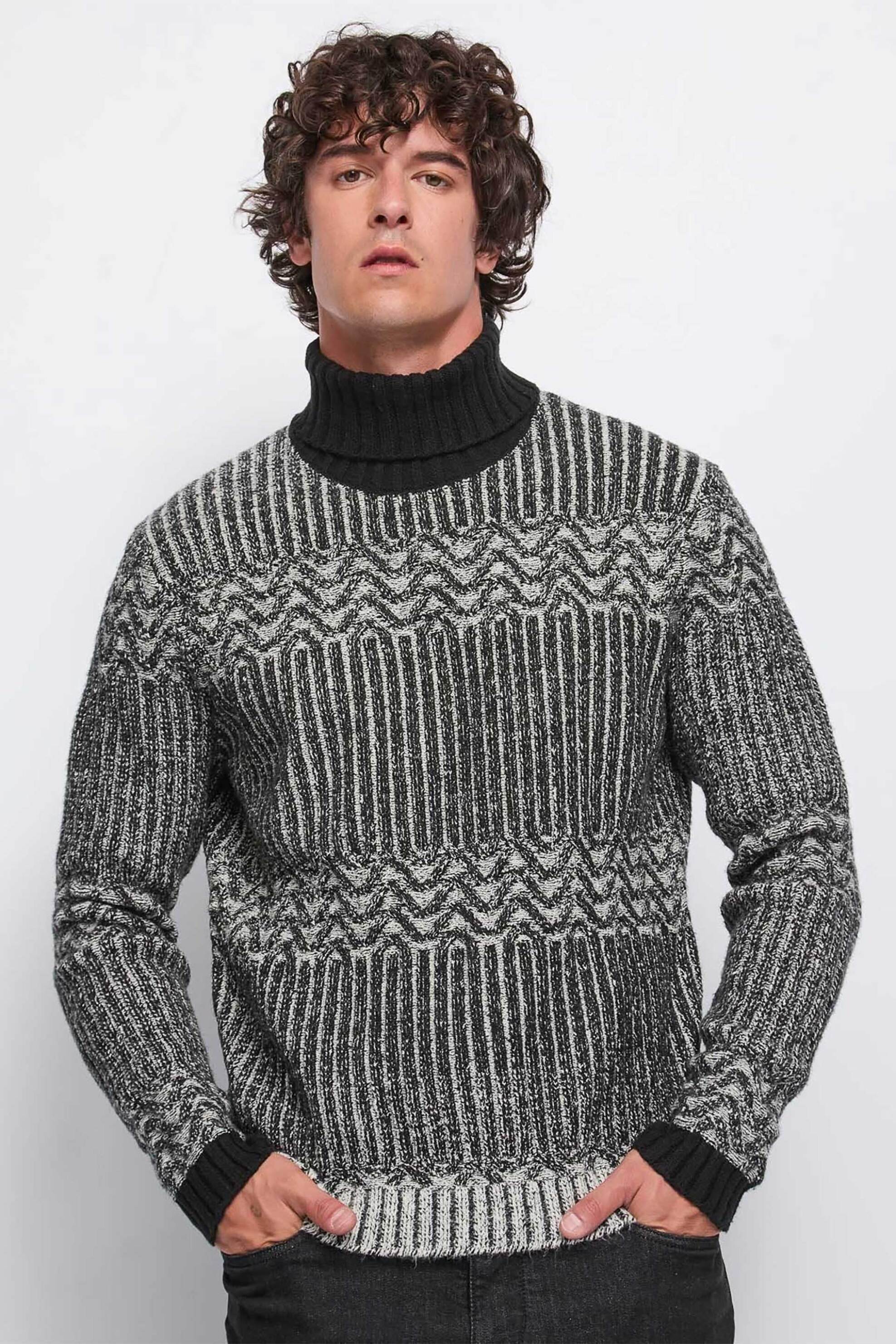 Gaudi ανδρικό πουλόβερ με ζιβάγκο και σχέδιο ζακάρ - 521GU53036 Μαύρο