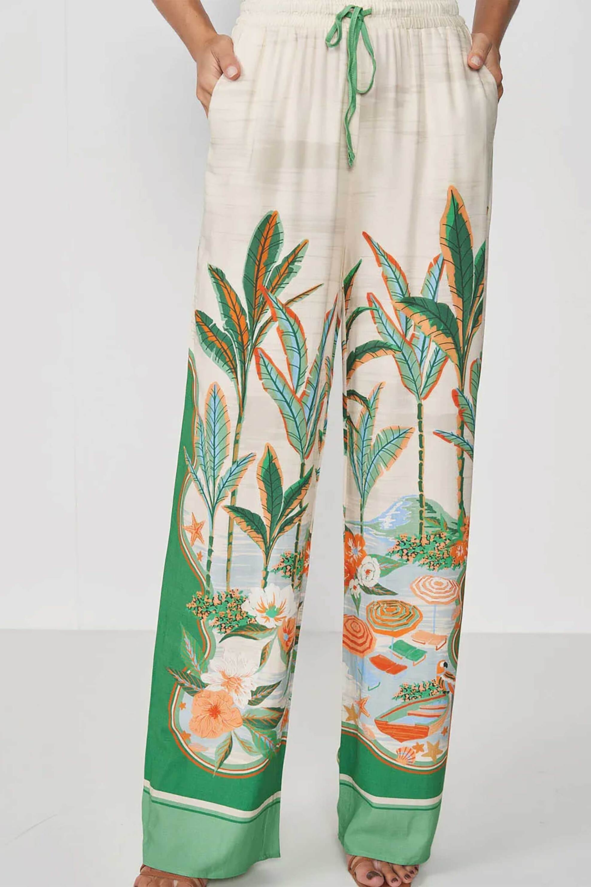 COLCCI Colcci γυναικεία ψηλόμεση παντελόνα με tropical print - 20114894 Εκρού