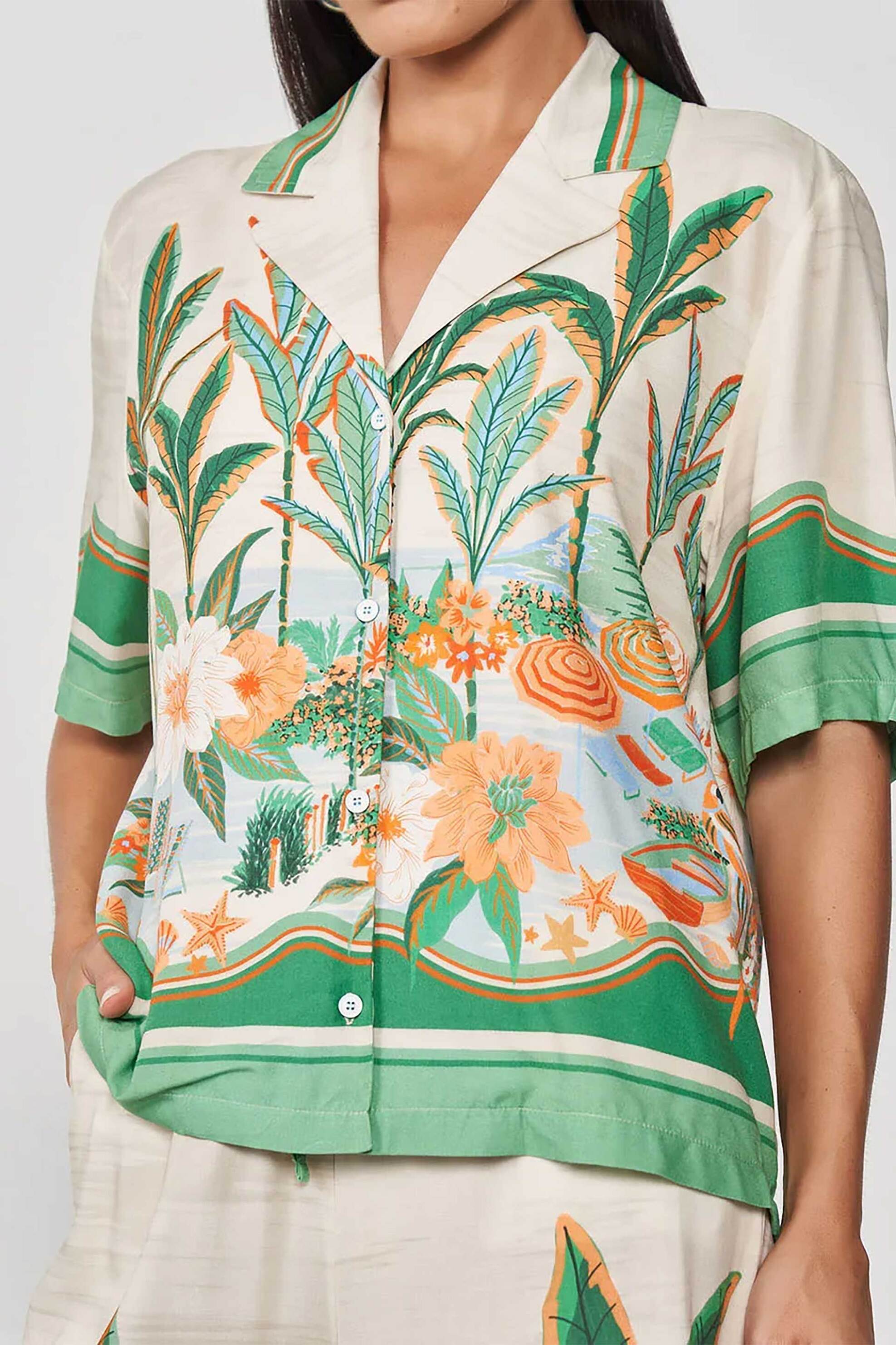 COLCCI Colcci γυναικείο πουκάμισο με tropical print και μανίκι 3/4 Loose Fit - 300102830 Εκρού