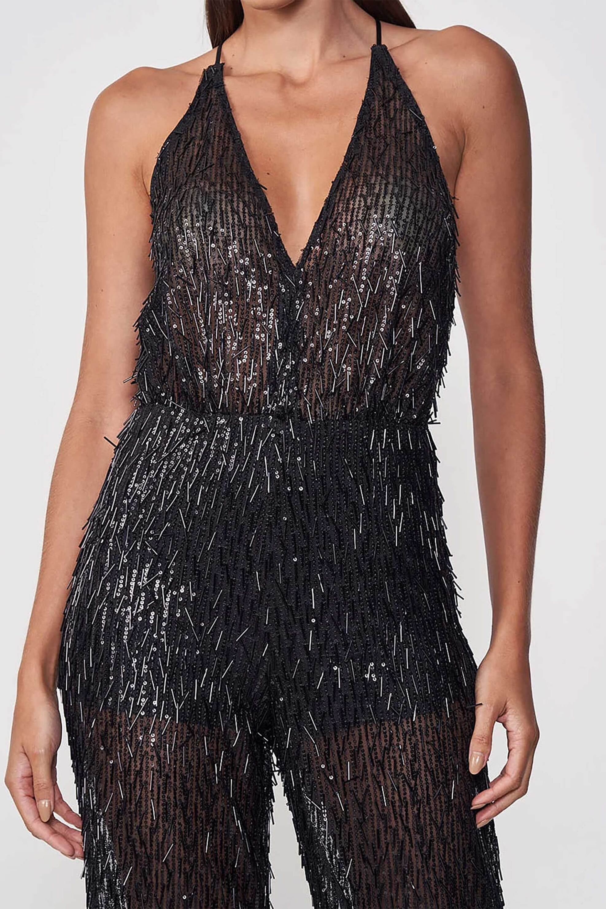 Colcci γυναικεία ολόσωμη αμάνικη φόρμα με παγιέτες και κρόσσια - 054.01.01472 Μαύρο φωτογραφία