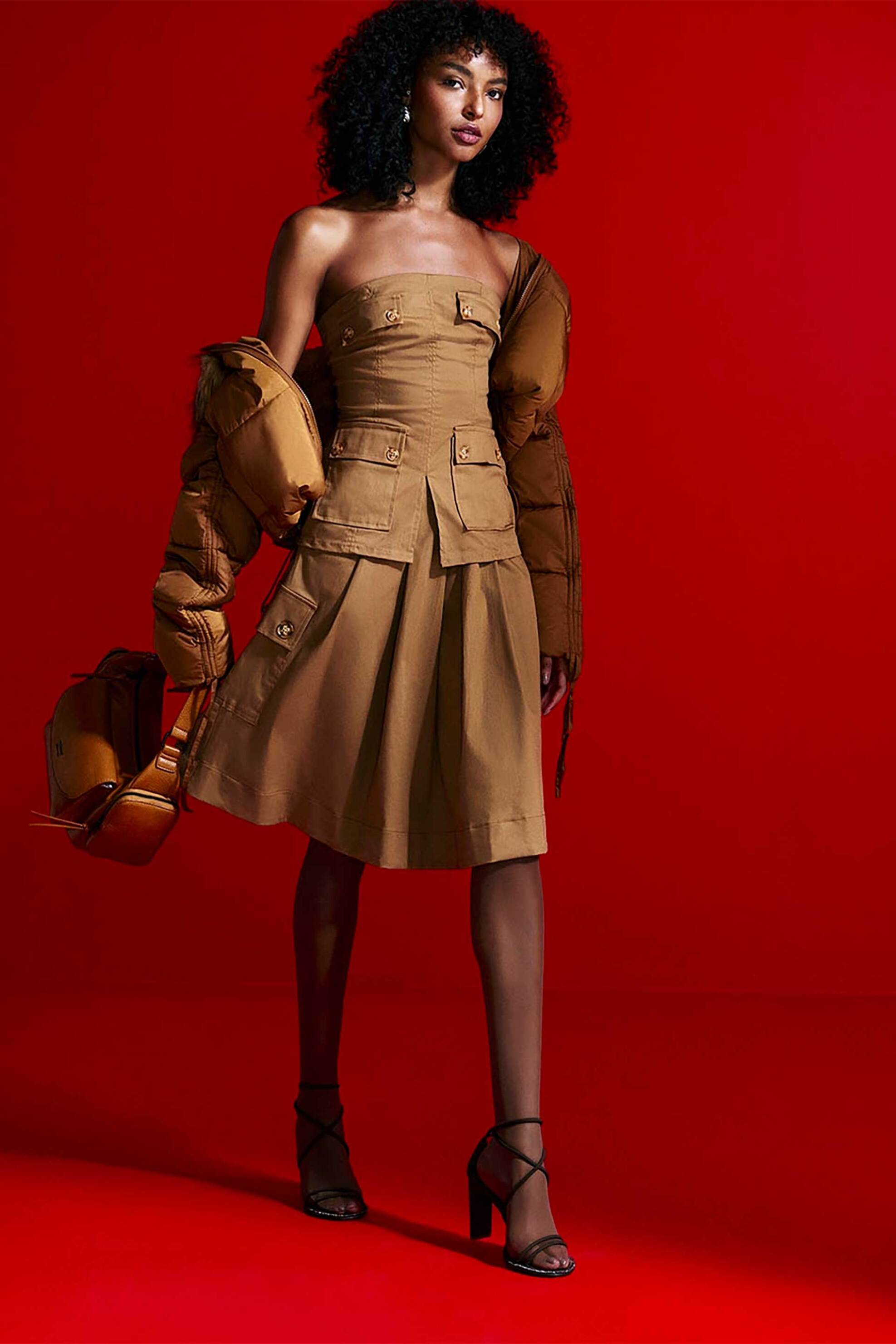 COLCCI Colcci γυναικεία midi φούστα με cargo τσέπες - 80104697 Ταμπά