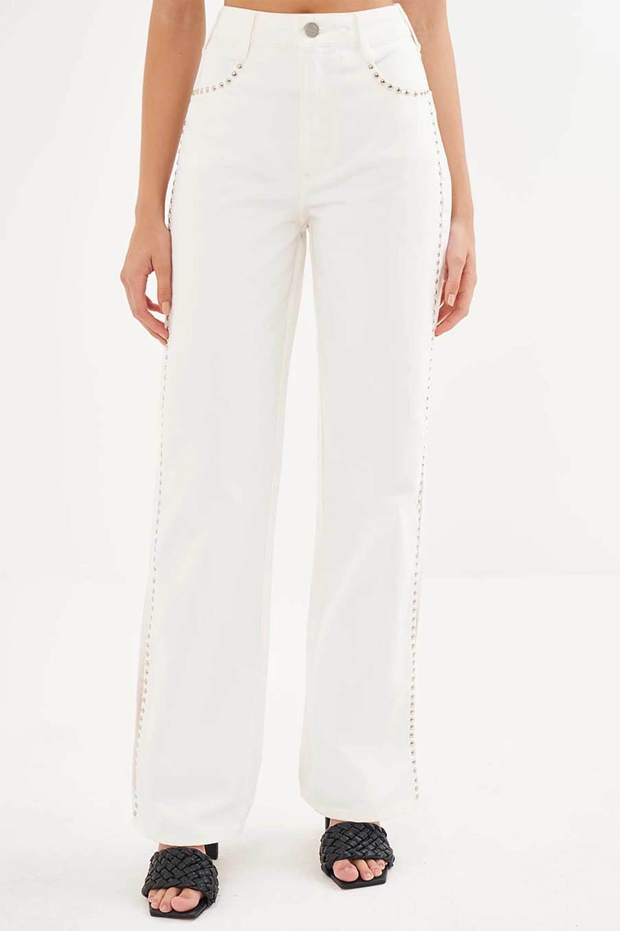 COLCCI Colcci γυναικείο τζιν παντελόνι ψηλόμεσο πεντάτσεπο με μεταλλικές λεπτομέρειες Straight Fit - 002.11.00578 Λευκό - 2