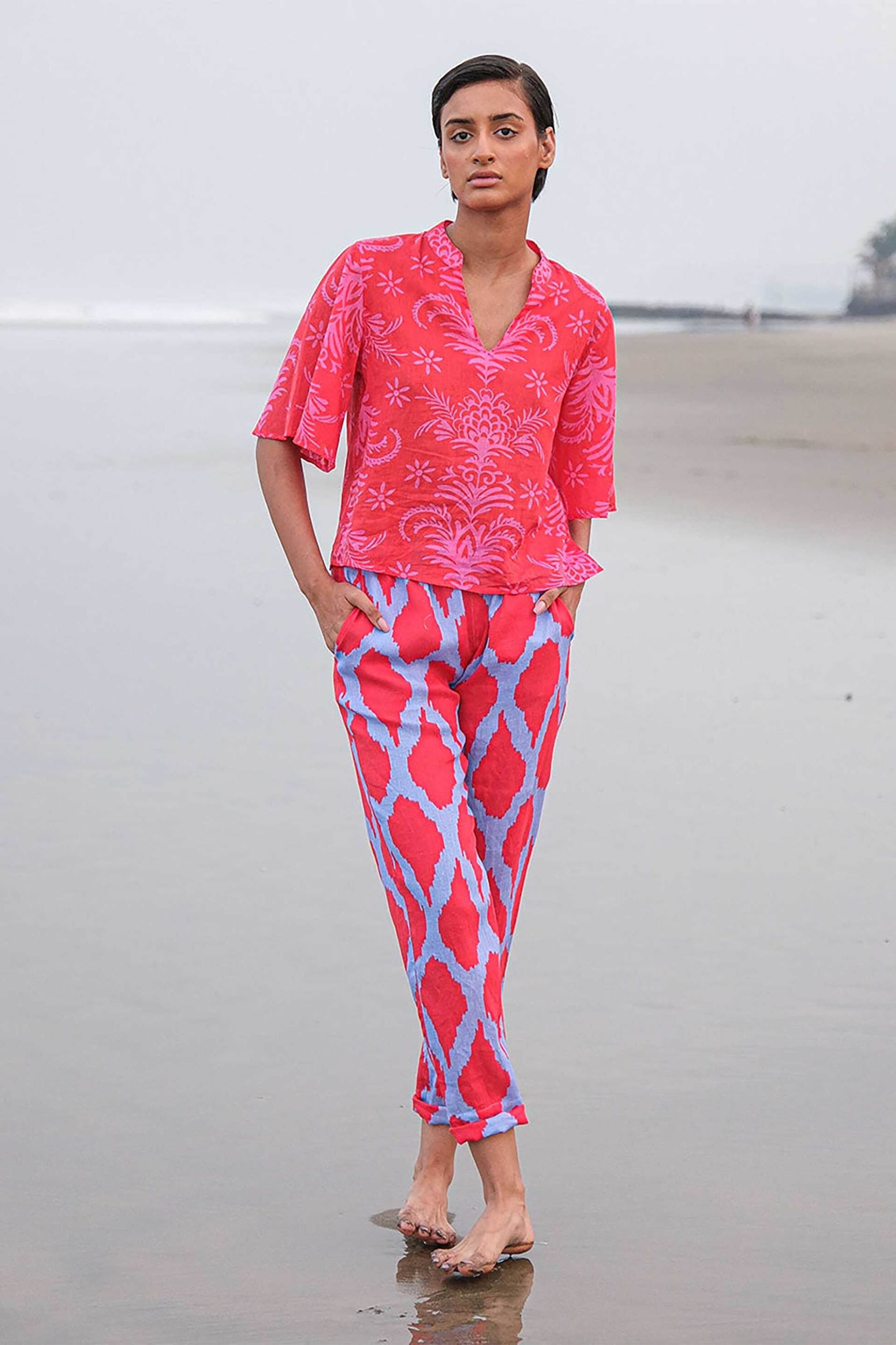 NIMO WITH LOVE Nimo With Love γυναικείο παντελόνι με print "Amber Ikat Red" - Amber Pants Φούξια