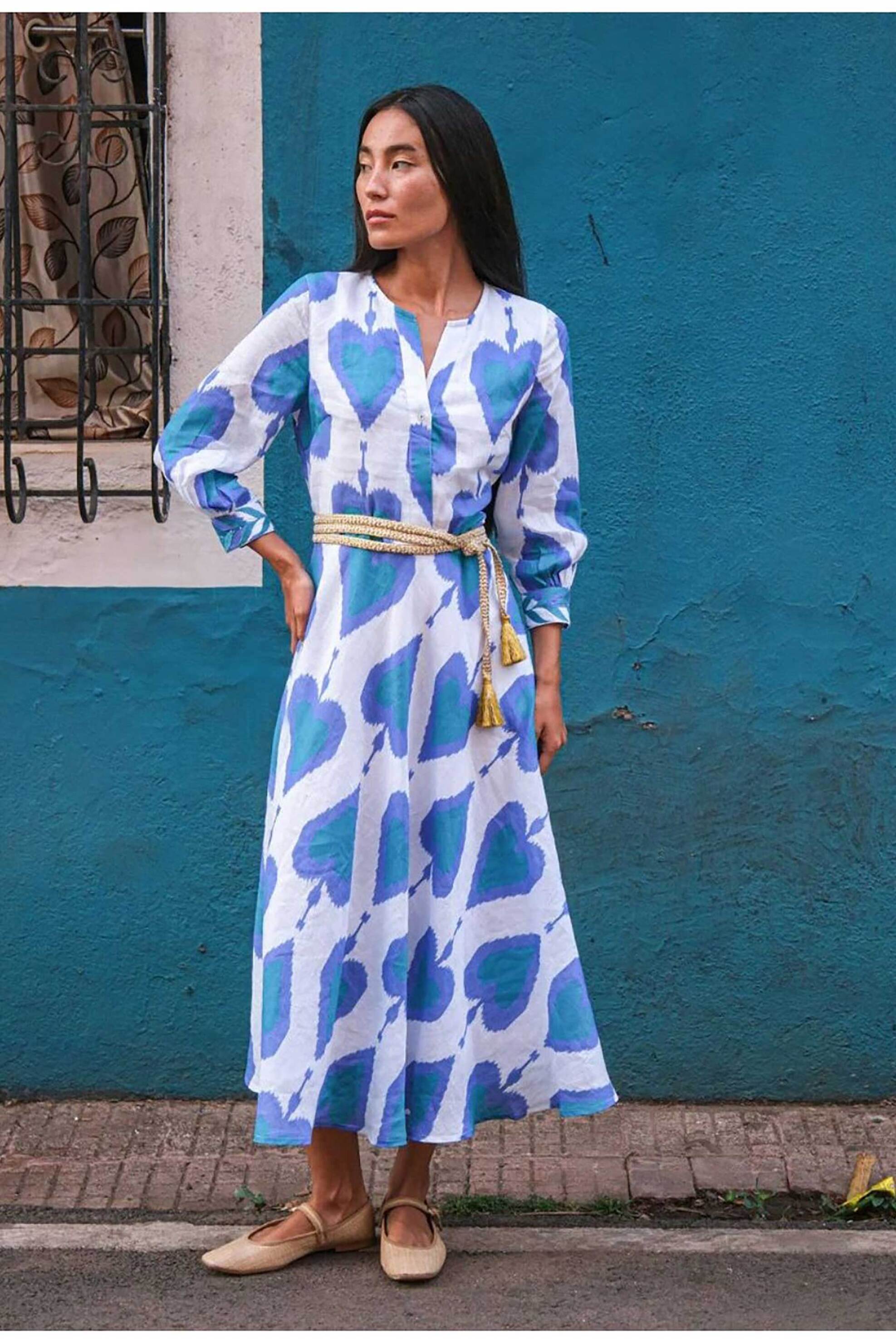 NIMO WITH LOVE Nimo With Love γυναικείο midi φόρεμα με print "Azurite Ikat Petrol" - Azurite Dress Γαλάζιο
