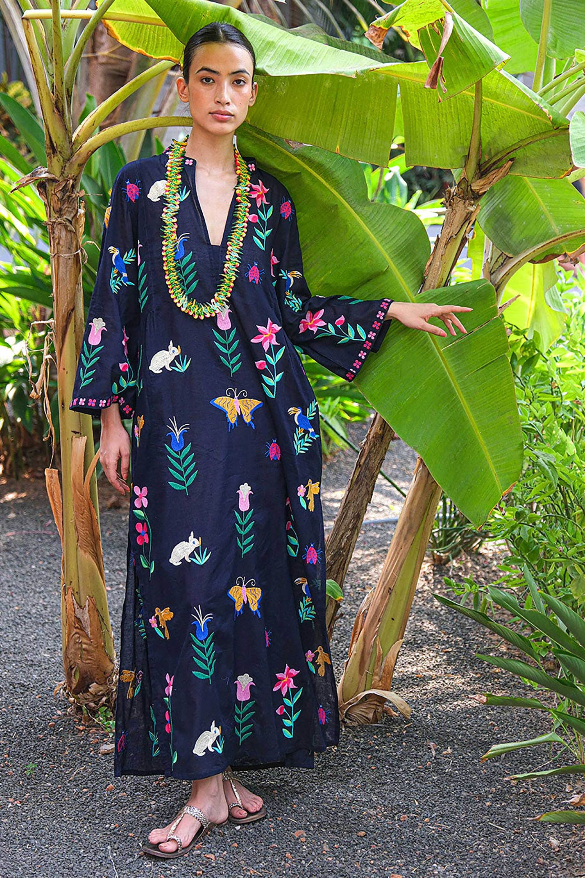 NIMO WITH LOVE Nimo With Love γυναικείο καφτάνι με κεντήματα "Blue Opal Mexican Embroidery" - Blue Opal Kaftan Μπλε Σκούρο