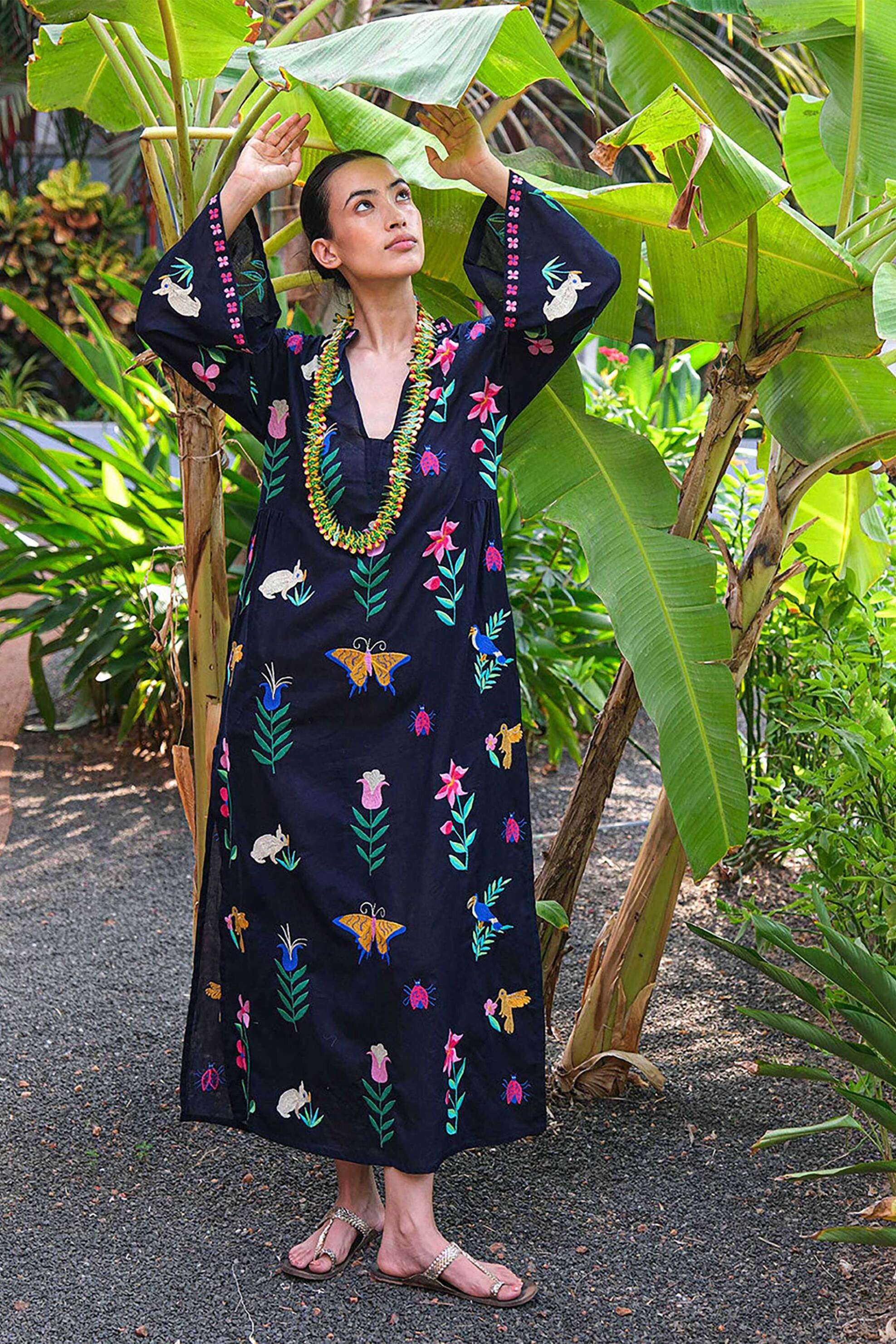 Nimo With Love γυναικείο καφτάνι με κεντήματα "Blue Opal Mexican Embroidery" - Blue Opal Kaftan Μπλε Σκούρο φωτογραφία