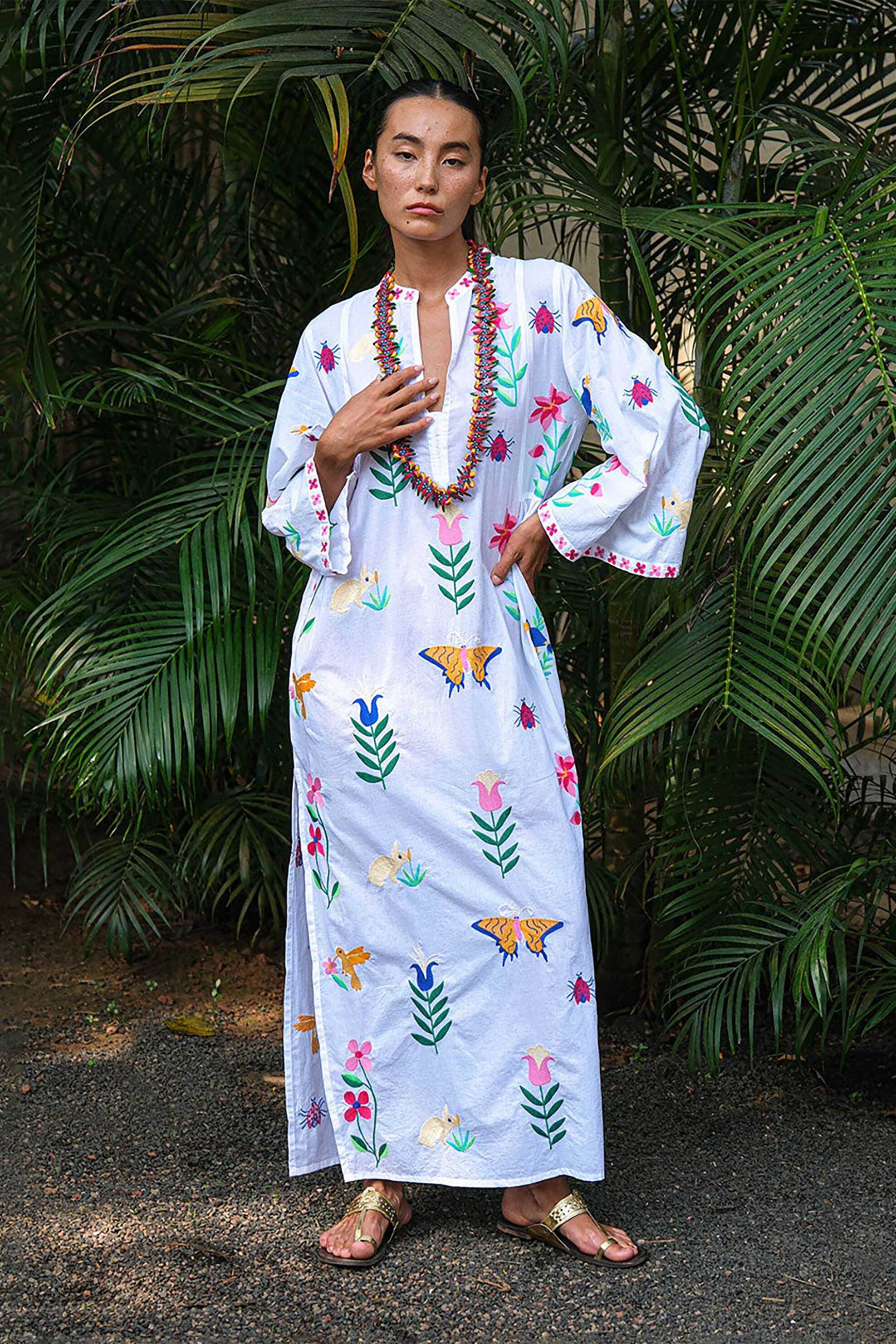 NIMO WITH LOVE Nimo With Love γυναικείο καφτάνι με κεντήματα "Blue Opal Mexican Embroidery" - Blue Opal Kaftan Λευκό
