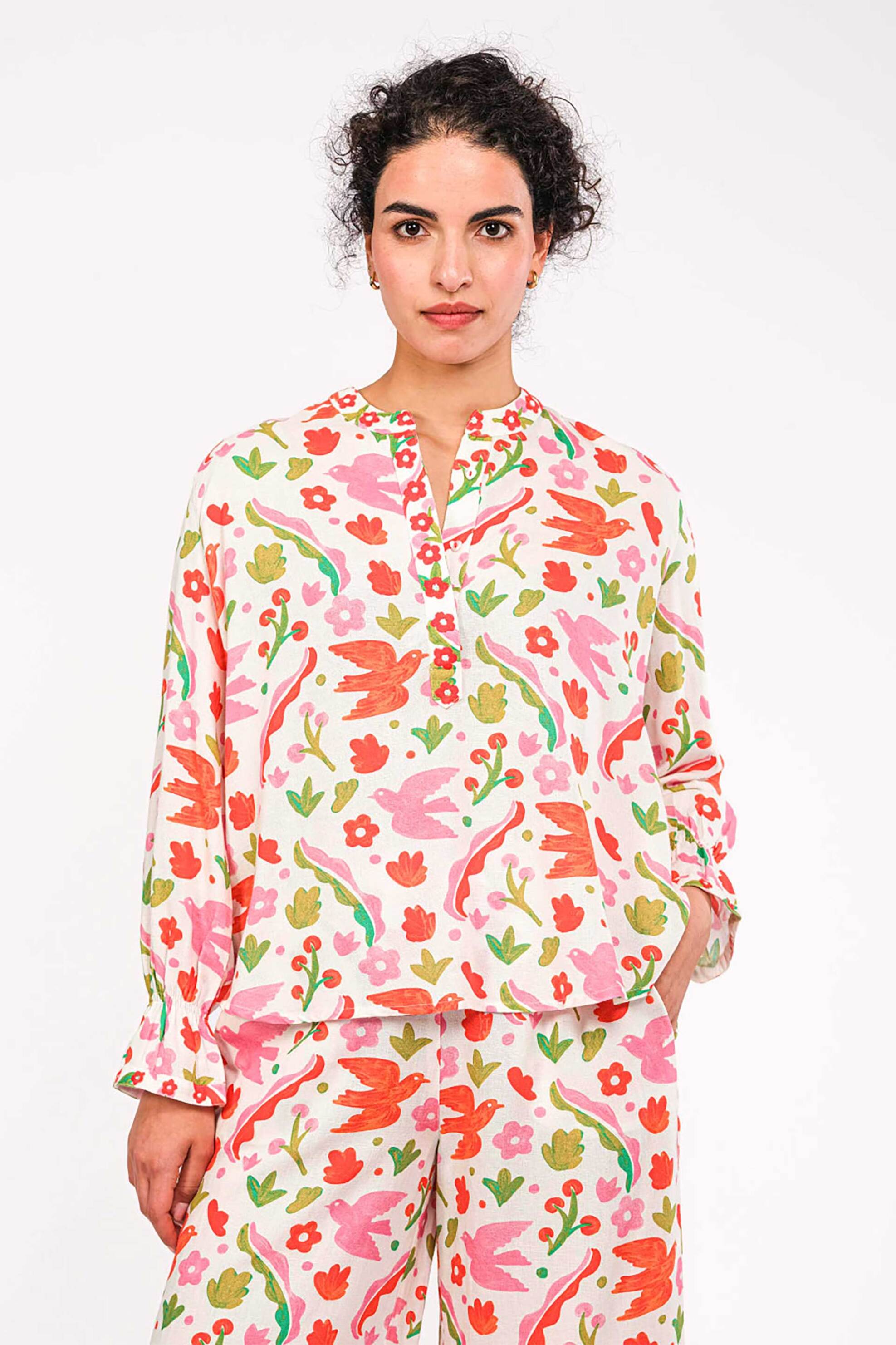 Nimo With Love γυναικεία μπλούζα με print "Broom Ikat Red" - Broom Blouse Κοραλί