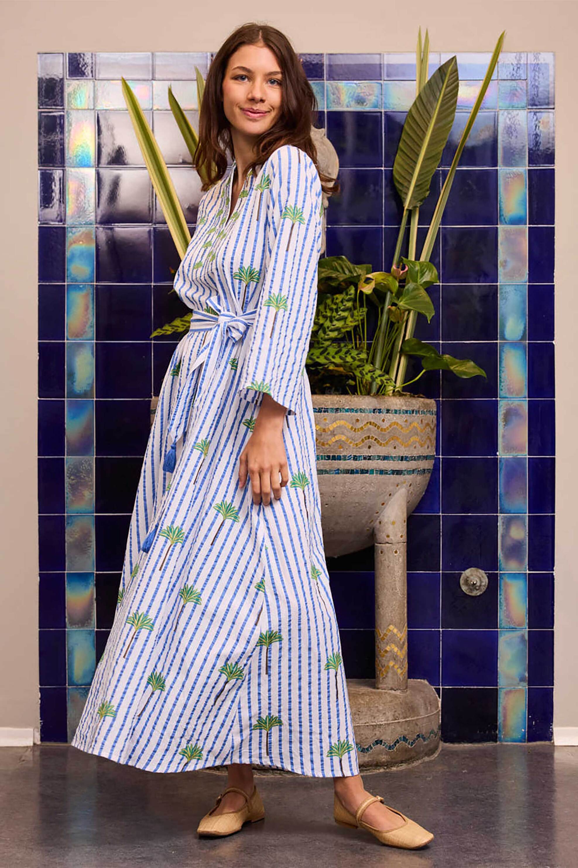 Nimo With Love γυναικείο καφτάνι ριγέ με κεντήματα "Lemon Palm" - Lemon Dress Γαλάζιο φωτογραφία