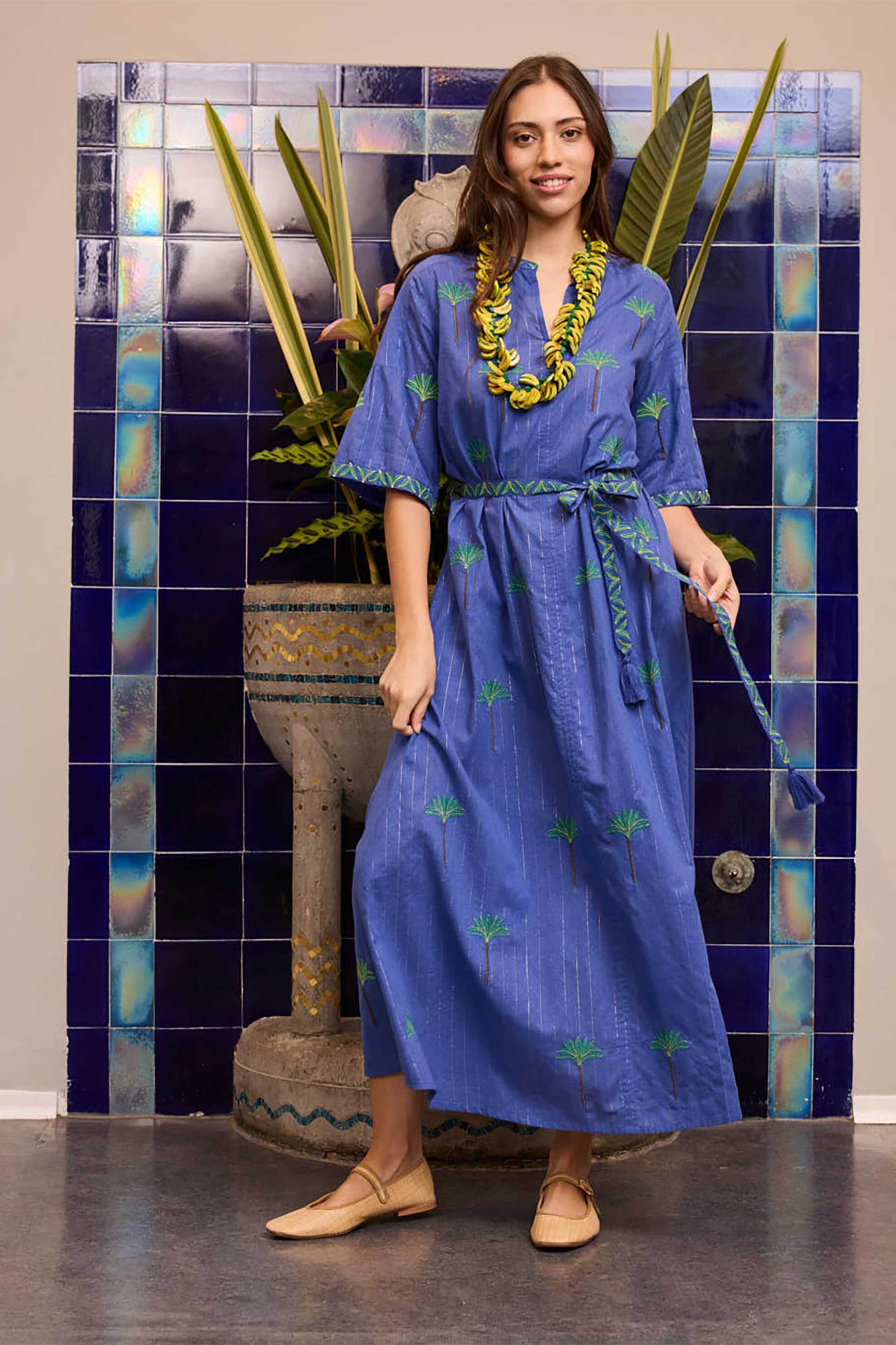 NIMO WITH LOVE Nimo With Love γυναικείο maxi φόρεμα με print "Azurite Ikat Petrol" - Oleander Long Dress Μπλε