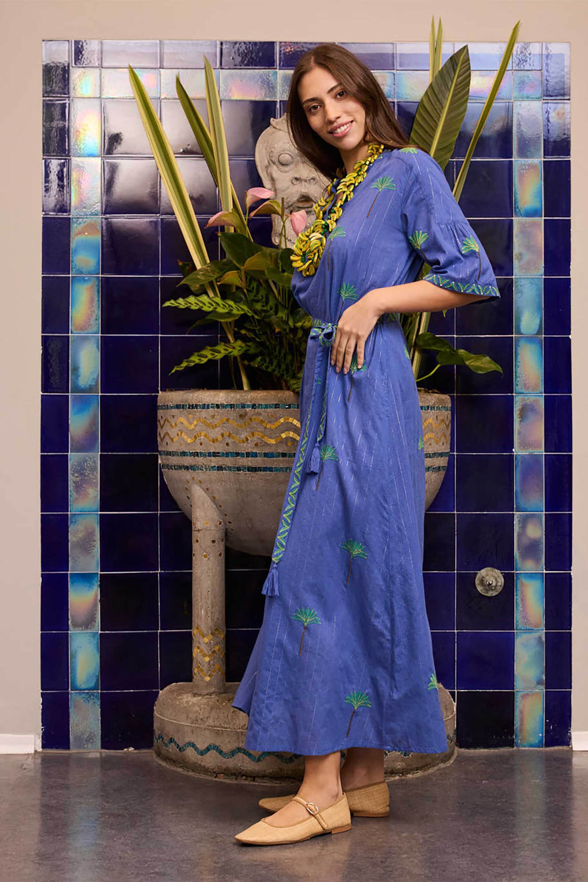 Nimo With Love γυναικείο maxi φόρεμα με print "Azurite Ikat Petrol" - Oleander Long Dress Μπλε φωτογραφία