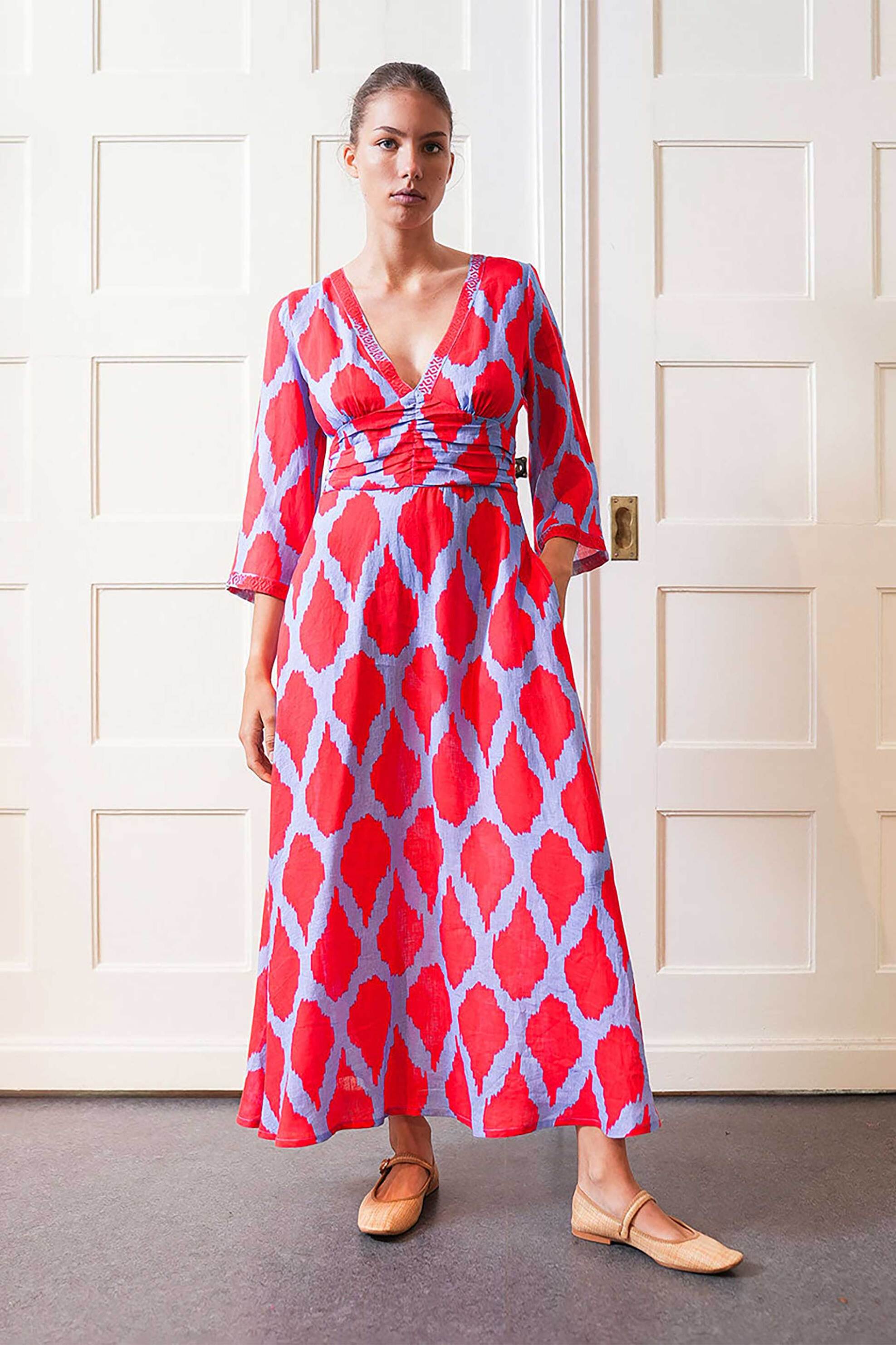 NIMO WITH LOVE Nimo With Love γυναικείο midi φόρεμα με print "Sarsaparilla Ikat Red" - Sarsaparilla Dress Φούξια