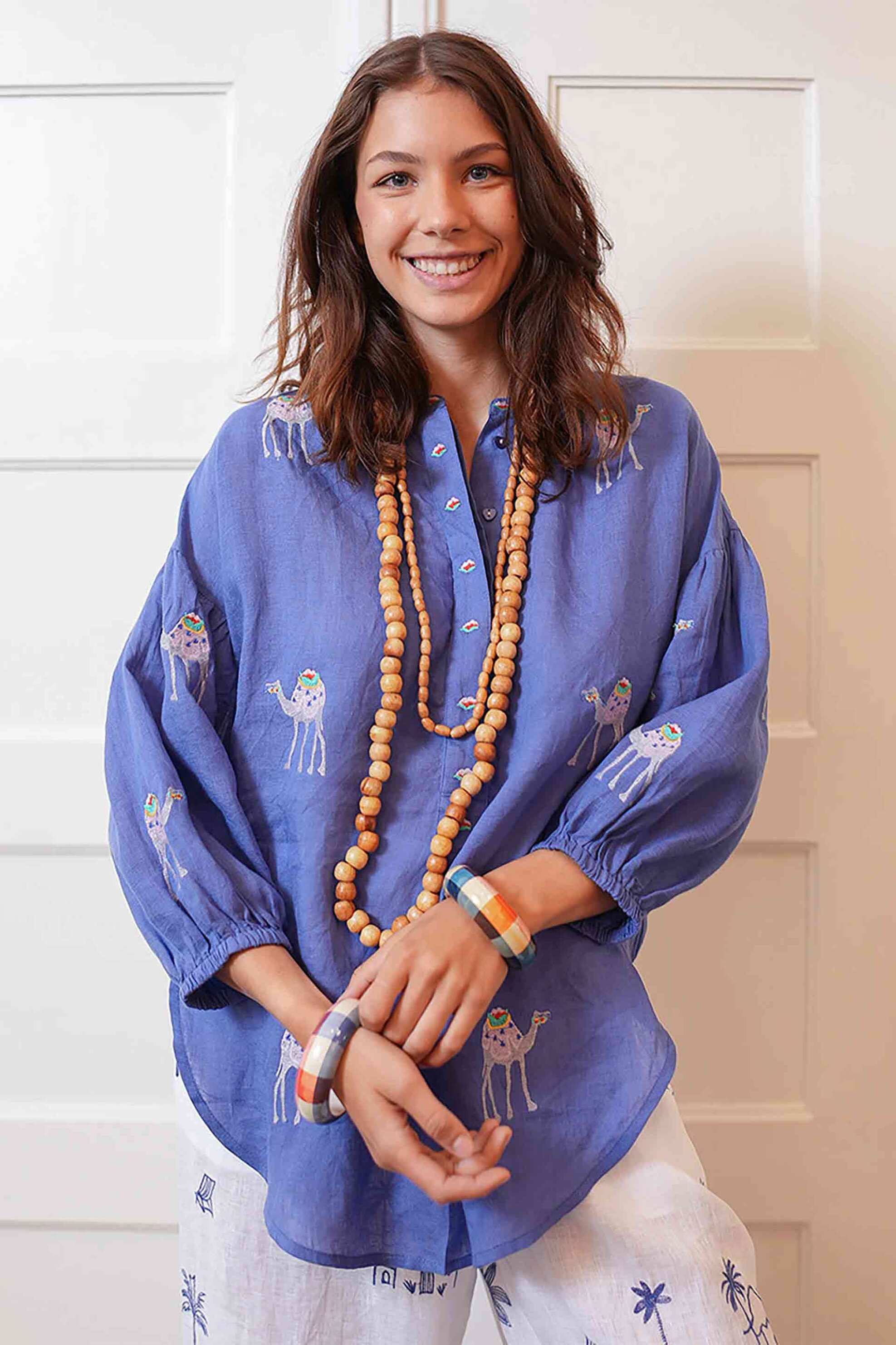 NIMO WITH LOVE Nimo With Love γυναικεία μπλούζα με κέντημα "Sassafras Camel" - Sassafras Blouse Μπλε