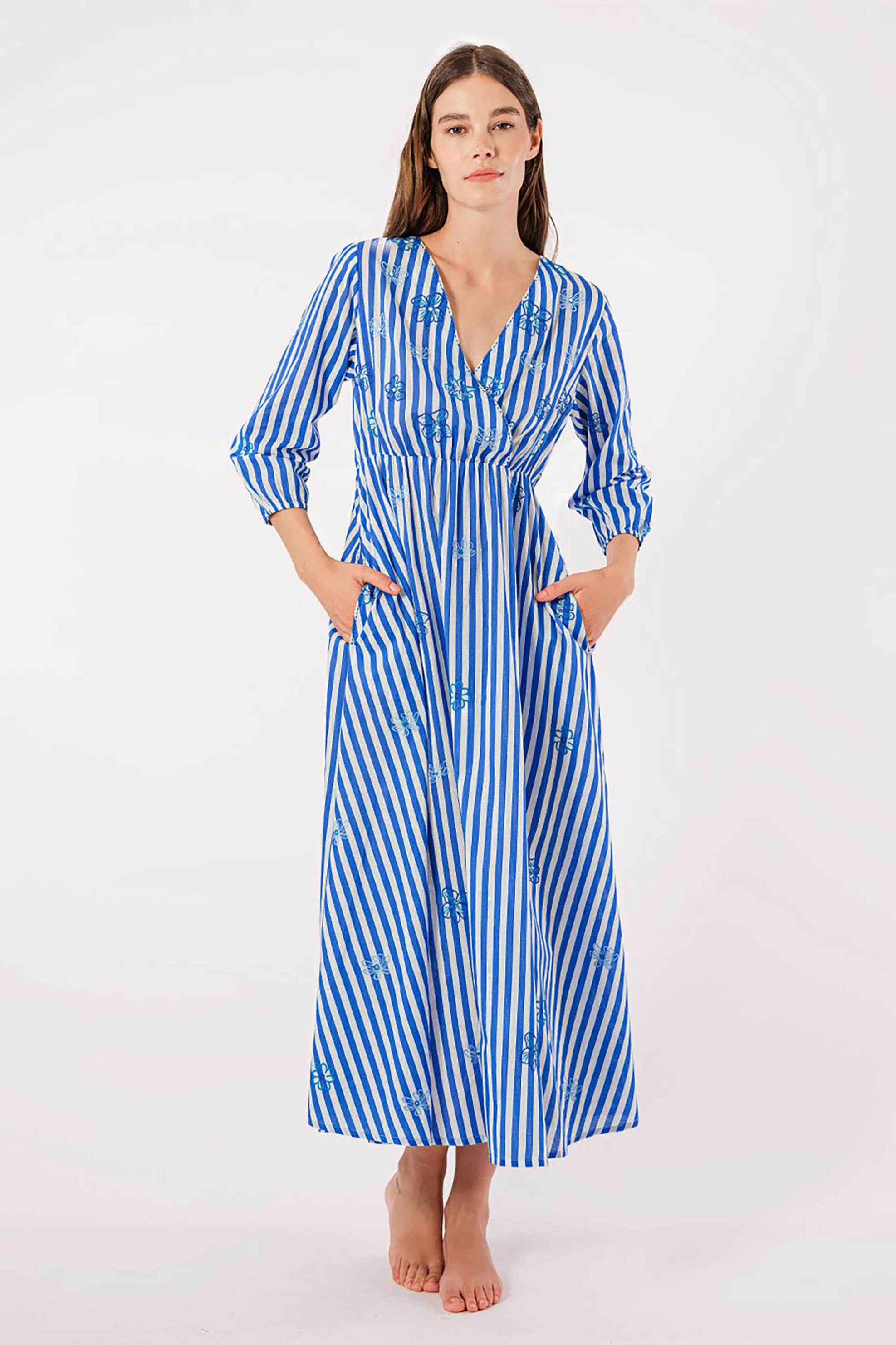 Nimo With Love γυναικείο midi φόρεμα ριγέ με κέντημα "Hyssop" - Hyssop Dress Γαλάζιο