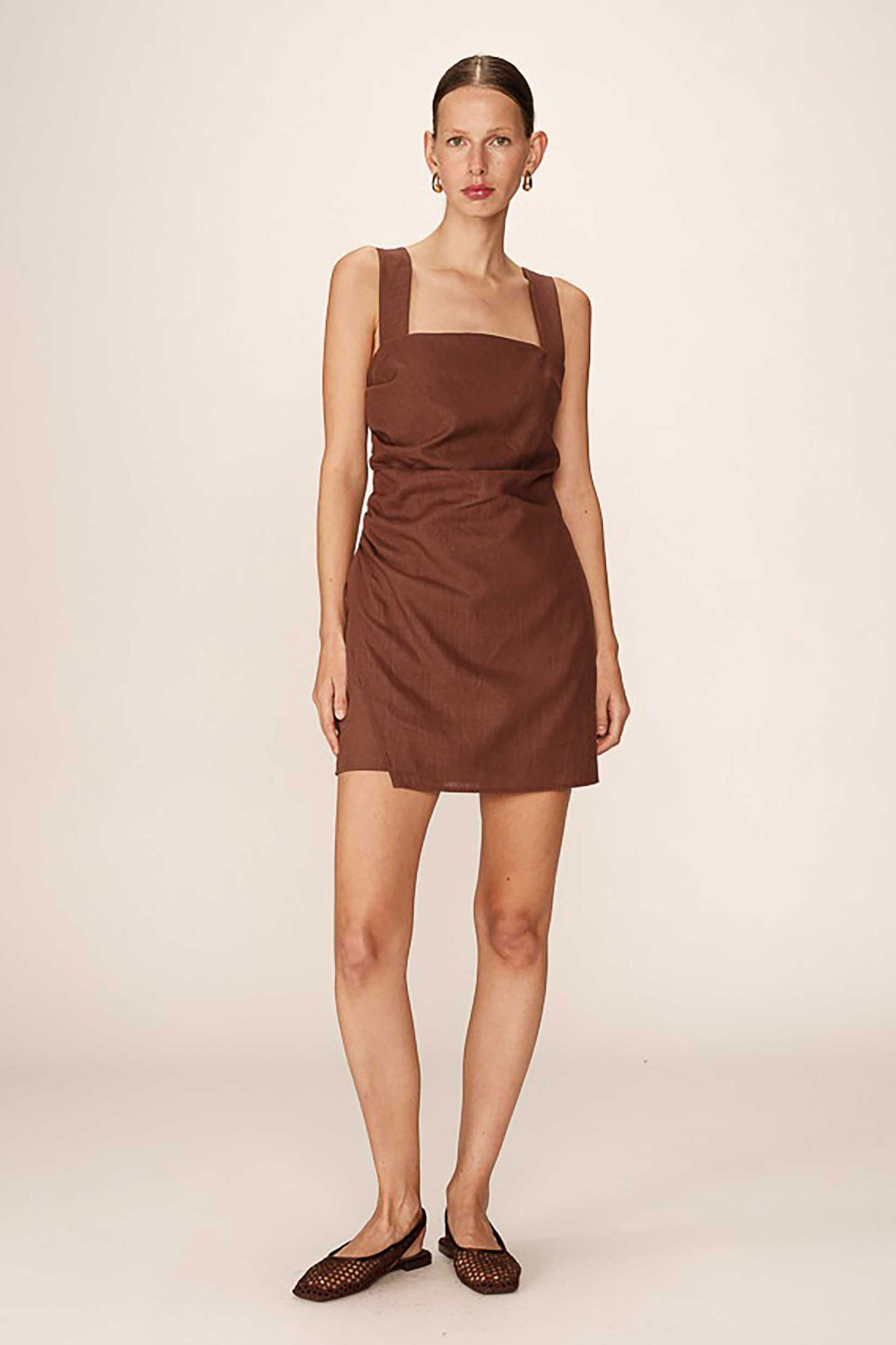 GRACE & MILA Grace & Mila γυναικείο mini φόρεμα με λινό "Pauline" - PAULINE_12976/SS25 Καφέ