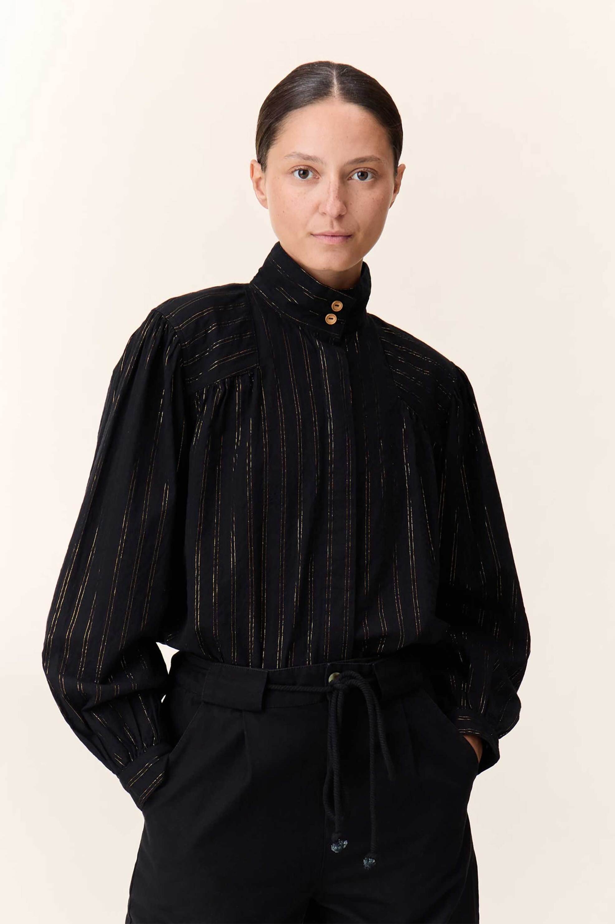 LEON & HARPER Leon & Harper γυναικείo πουκάμισο με χρυσές λεπτομέρειες "Chana" - Chana TCL09 Strp Μαύρο