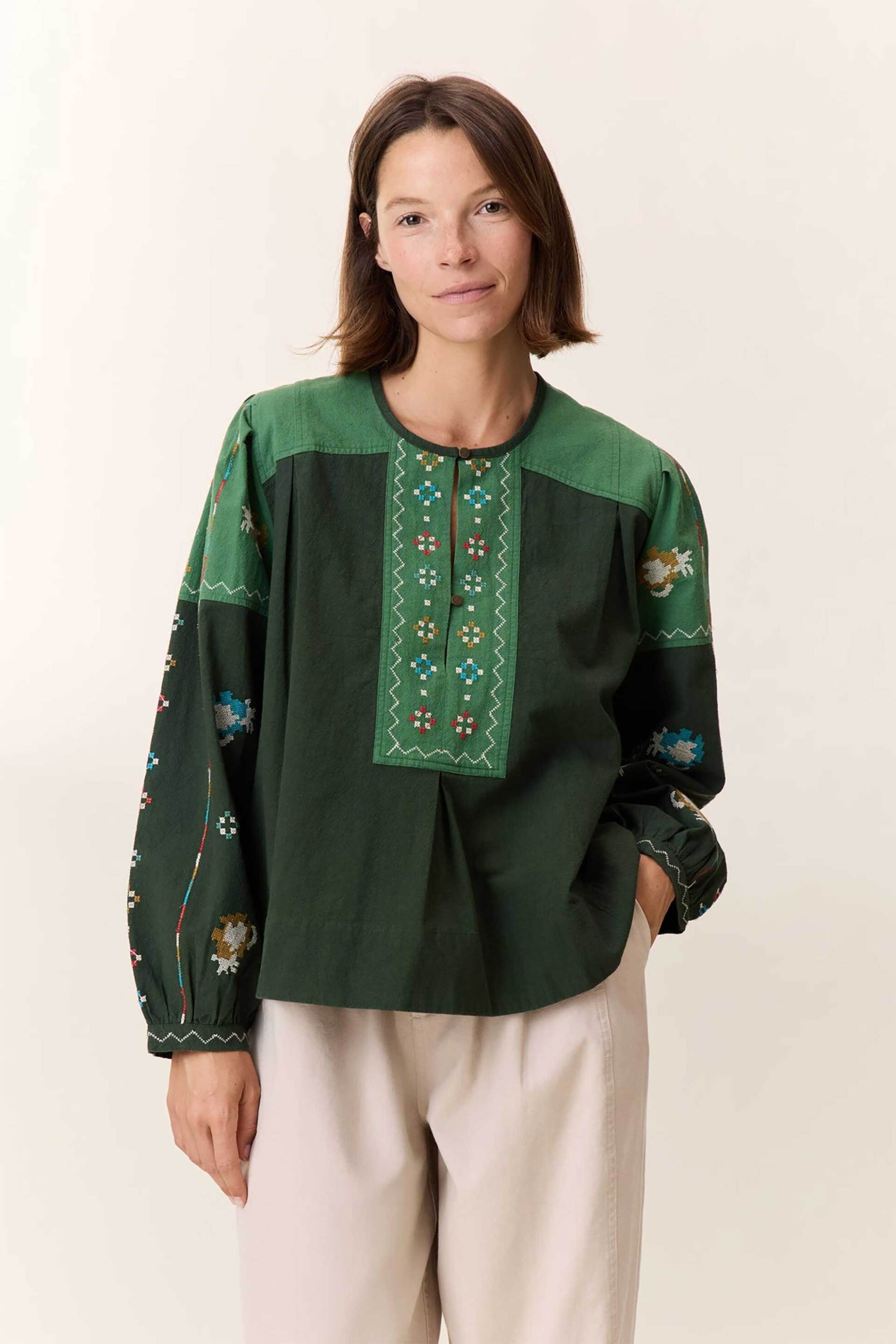 LEON & HARPER Leon & Harper γυναικεία μπλούζα με balloon μανίκια και all-over print "Chukie" - Chuki TC139 Brd Πράσινο