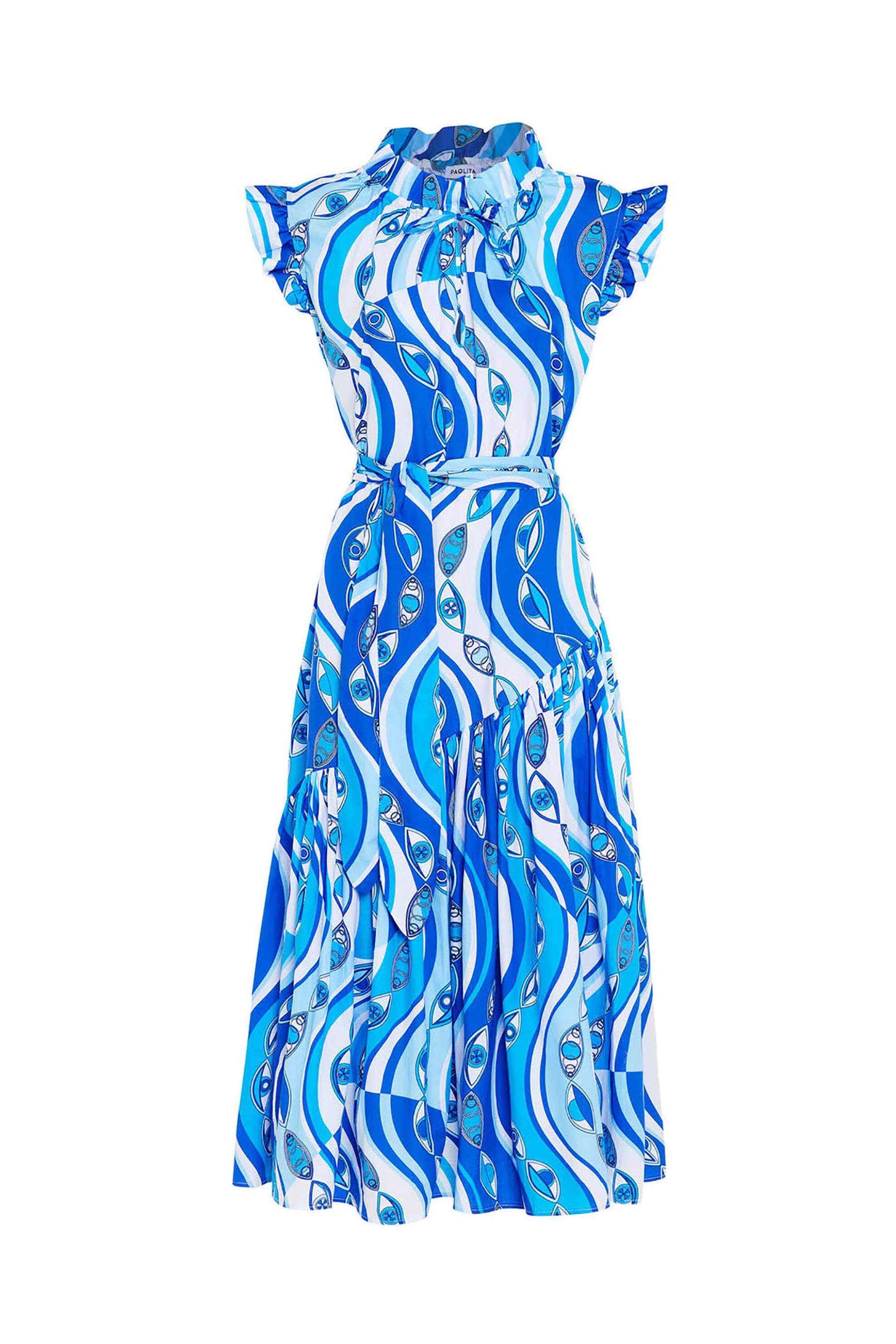 PAOLITA Paolita γυναικείο midi φόρεμα βαμβακερό με all-over print "Ocean Eyes" - DR2520JD-OE Λευκό - Μπλε - 4