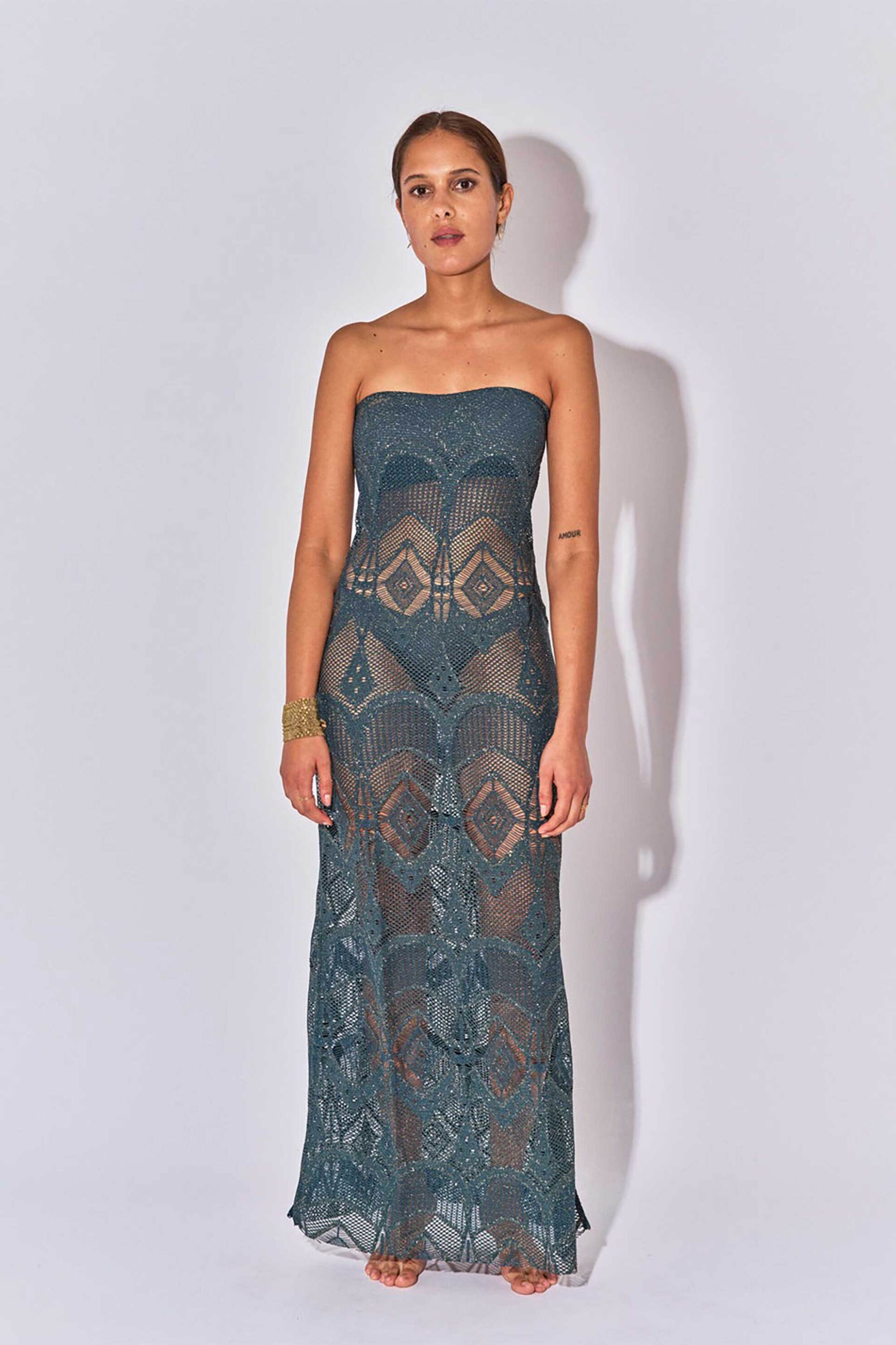 BELIZA Beliza γυναικείο maxi φόρεμα πλεκτό δαντέλα "Louise Crochet" - LOUISECROCH/SS25 Πετρόλ