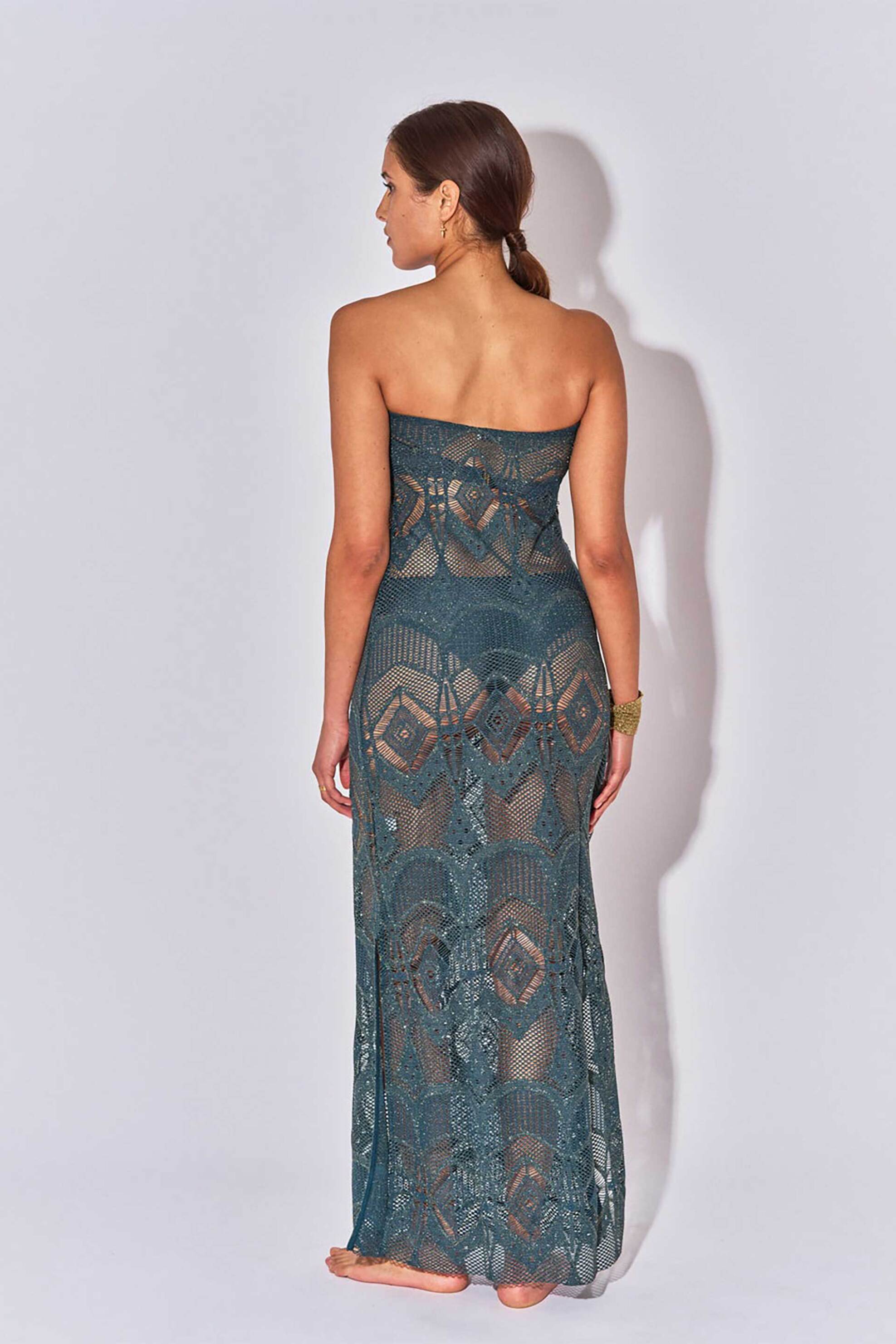 BELIZA Beliza γυναικείο maxi φόρεμα πλεκτό δαντέλα "Louise Crochet" - LOUISECROCH/SS25 Πετρόλ - 4