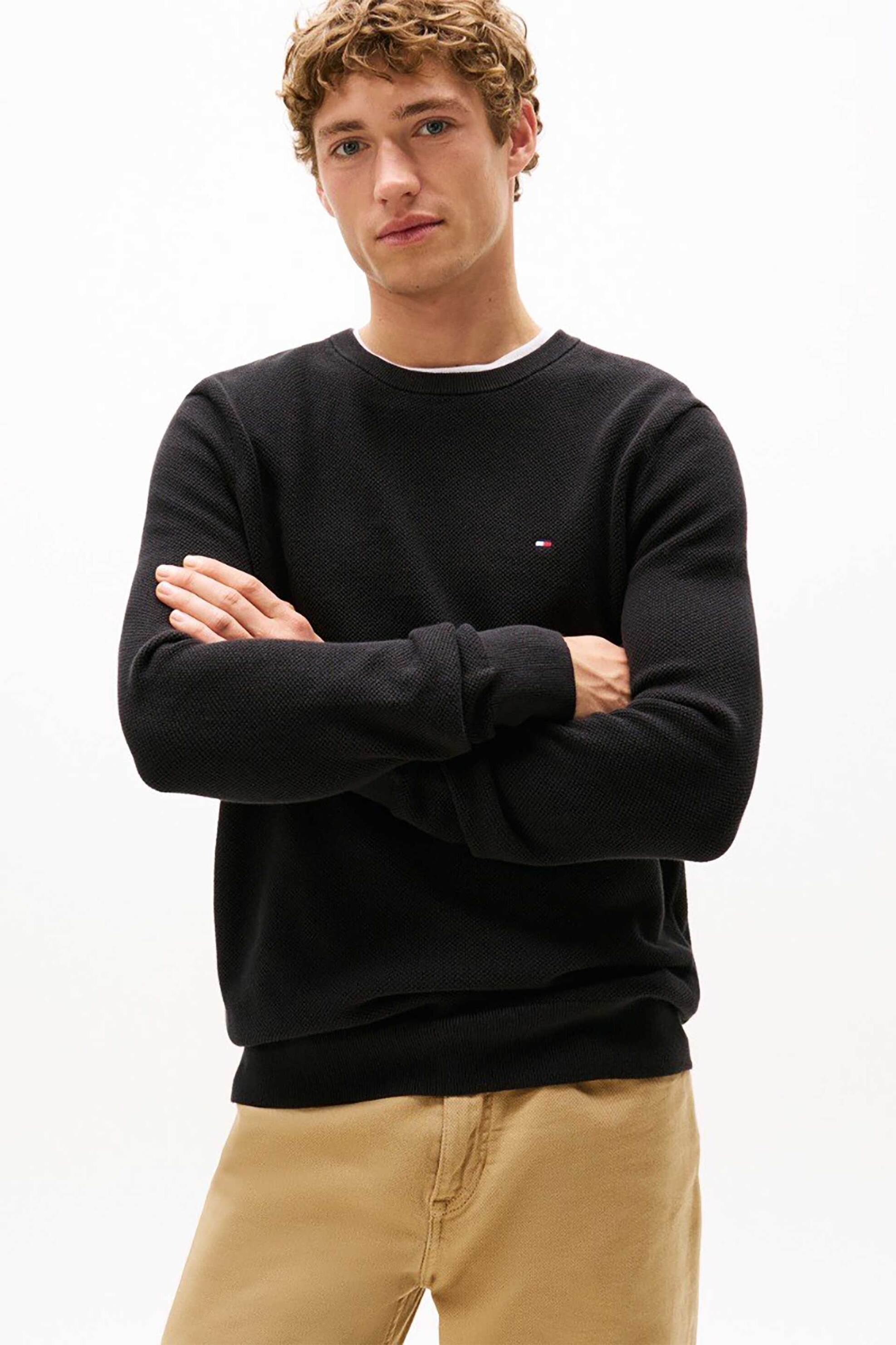 Tommy Hilfiger ανδρικό πουλόβερ textured με κεντημένο λογότυπο Regular Fit - MW0MW36347 Μαύρο