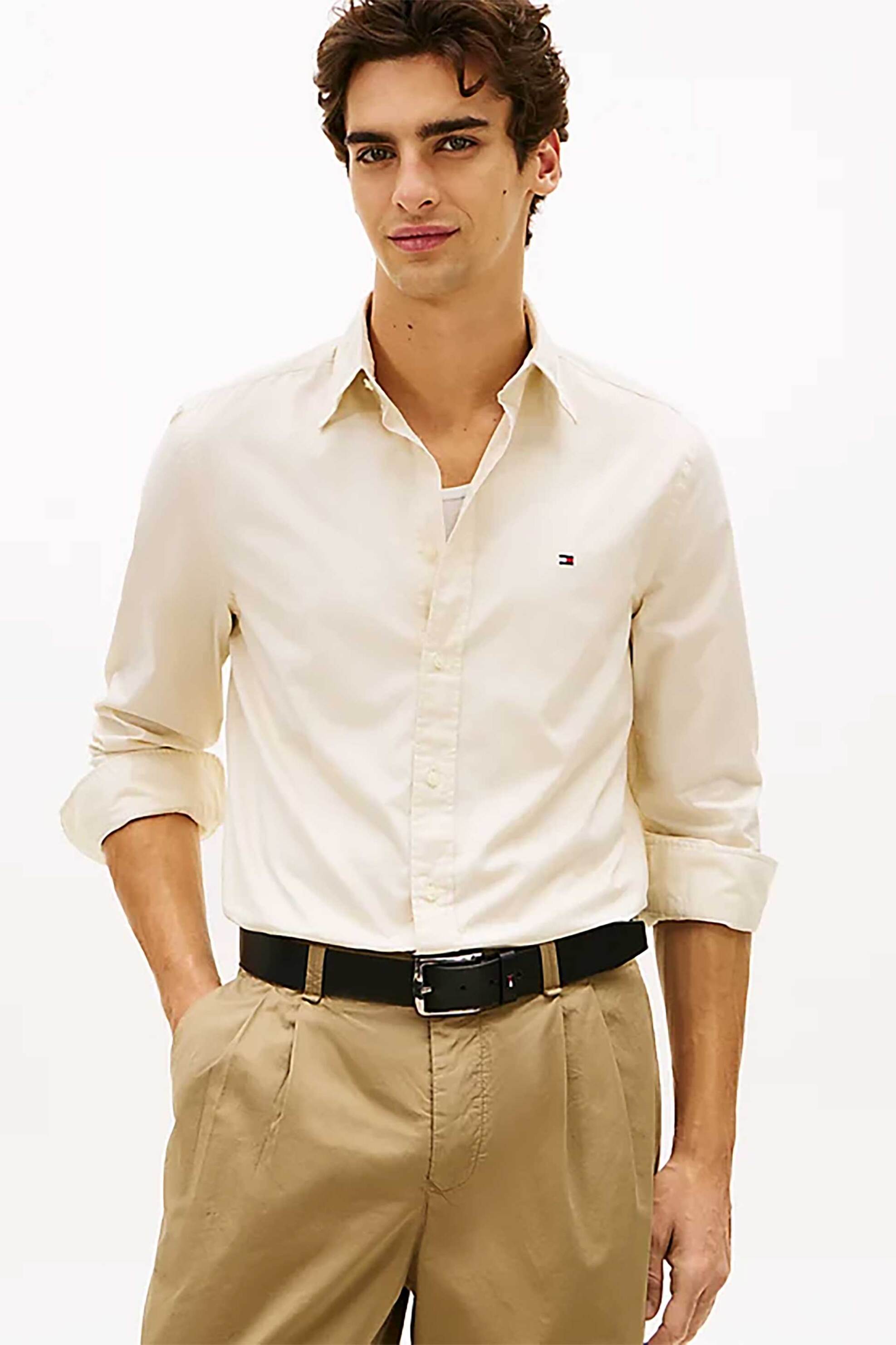 Tommy Hilfiger ανδρικό πουκάμισο button down με κεντημένο λογότυπο Regular Fit - MW0MW37550 Εκρού