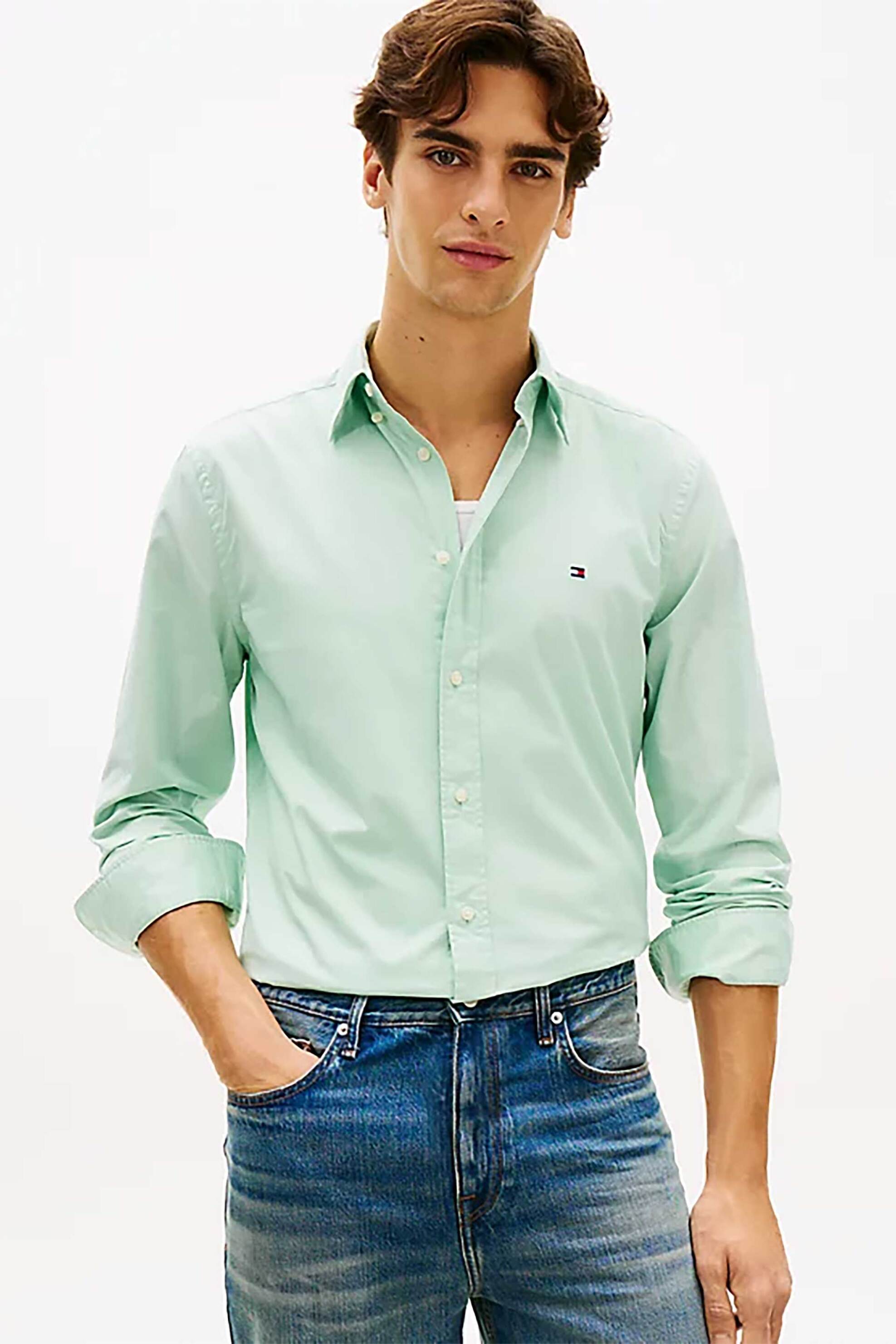 Tommy Hilfiger ανδρικό πουκάμισο button down με κεντημένο λογότυπο Regular Fit - MW0MW37550 Πράσινο Μέντας