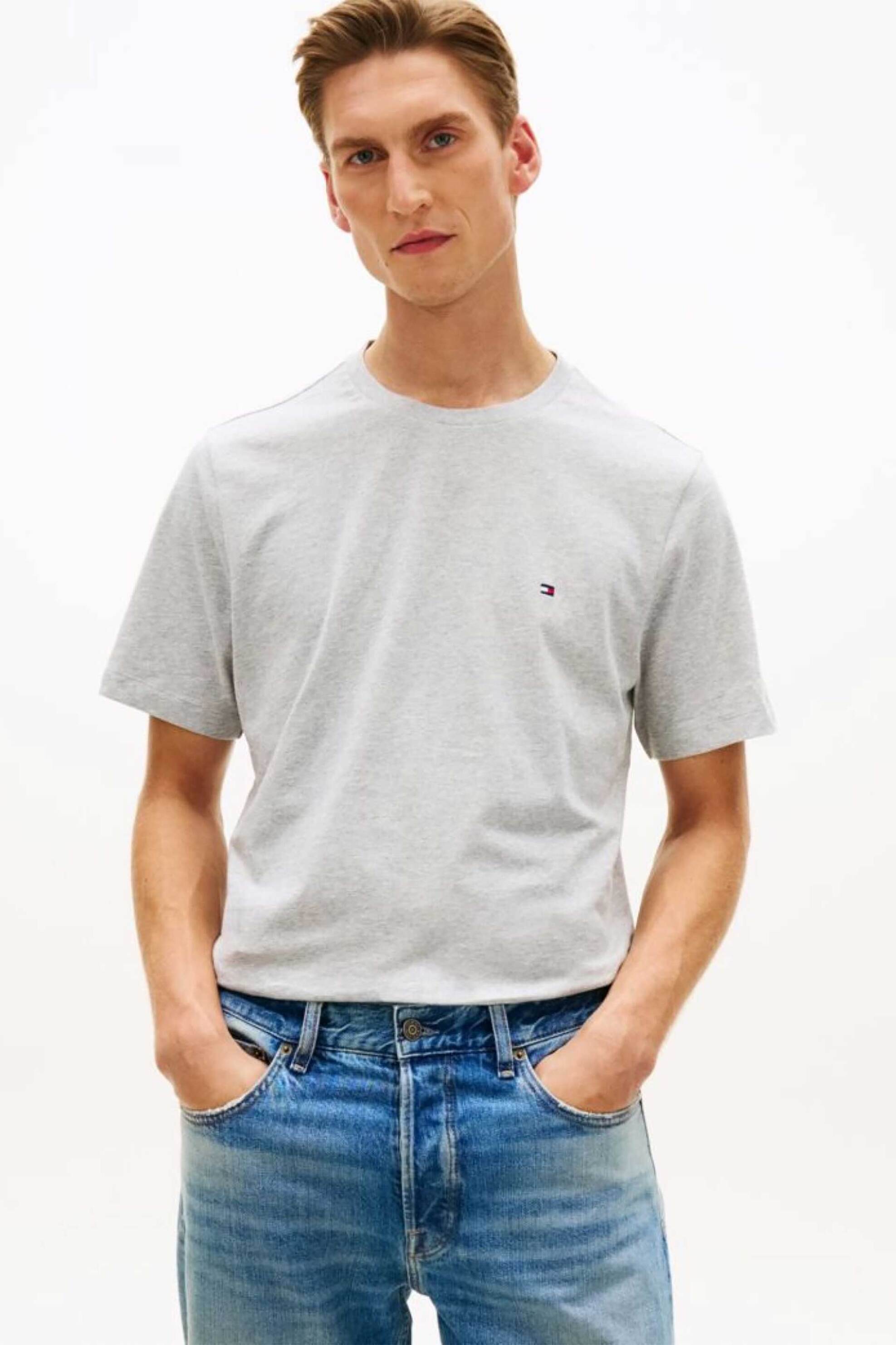 Tommy Hilfiger ανδρικό T-shirt με λογότυπο Regular Fit - MW0MW39995 Γκρι Ανοιχτό