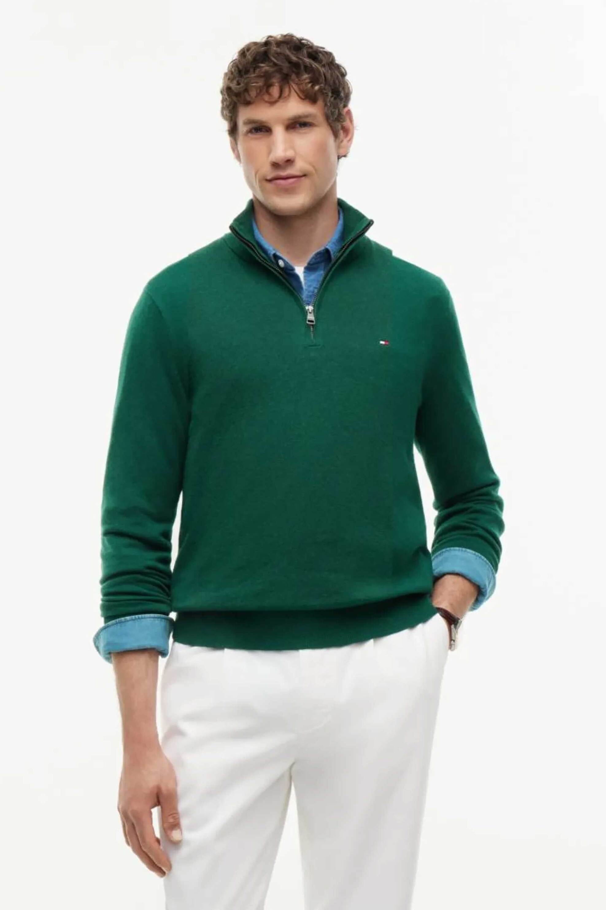 Tommy Hilfiger ανδρικό πουλόβερ με κασμίρι, 1/2 φερμουάρ και κεντημένο λογότυπο Regular Fit - MW0MW28049 Κυπαρισσί