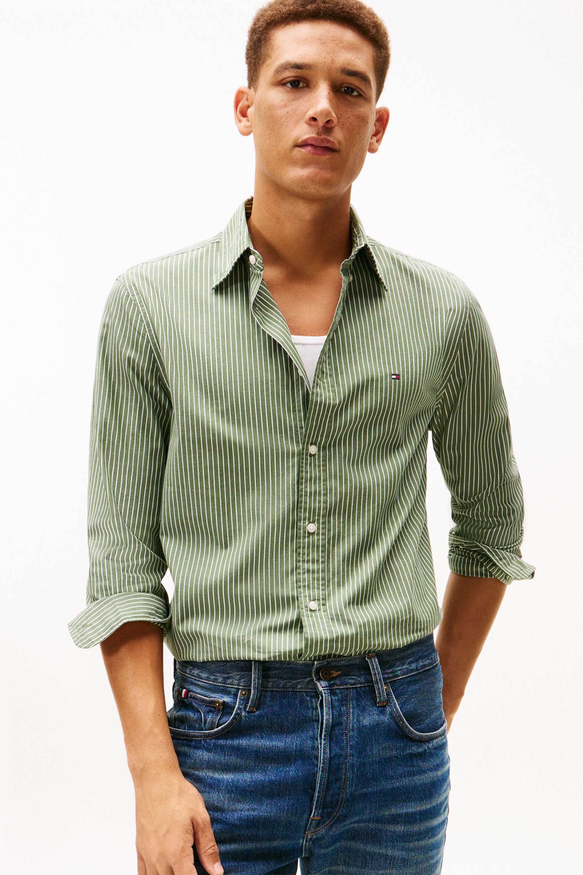 Tommy Hilfiger ανδρικό πουκάμισο button down με ριγέ σχέδιο και κεντημένο logo flag Regular Fit - MW0MW41399 Πράσινο