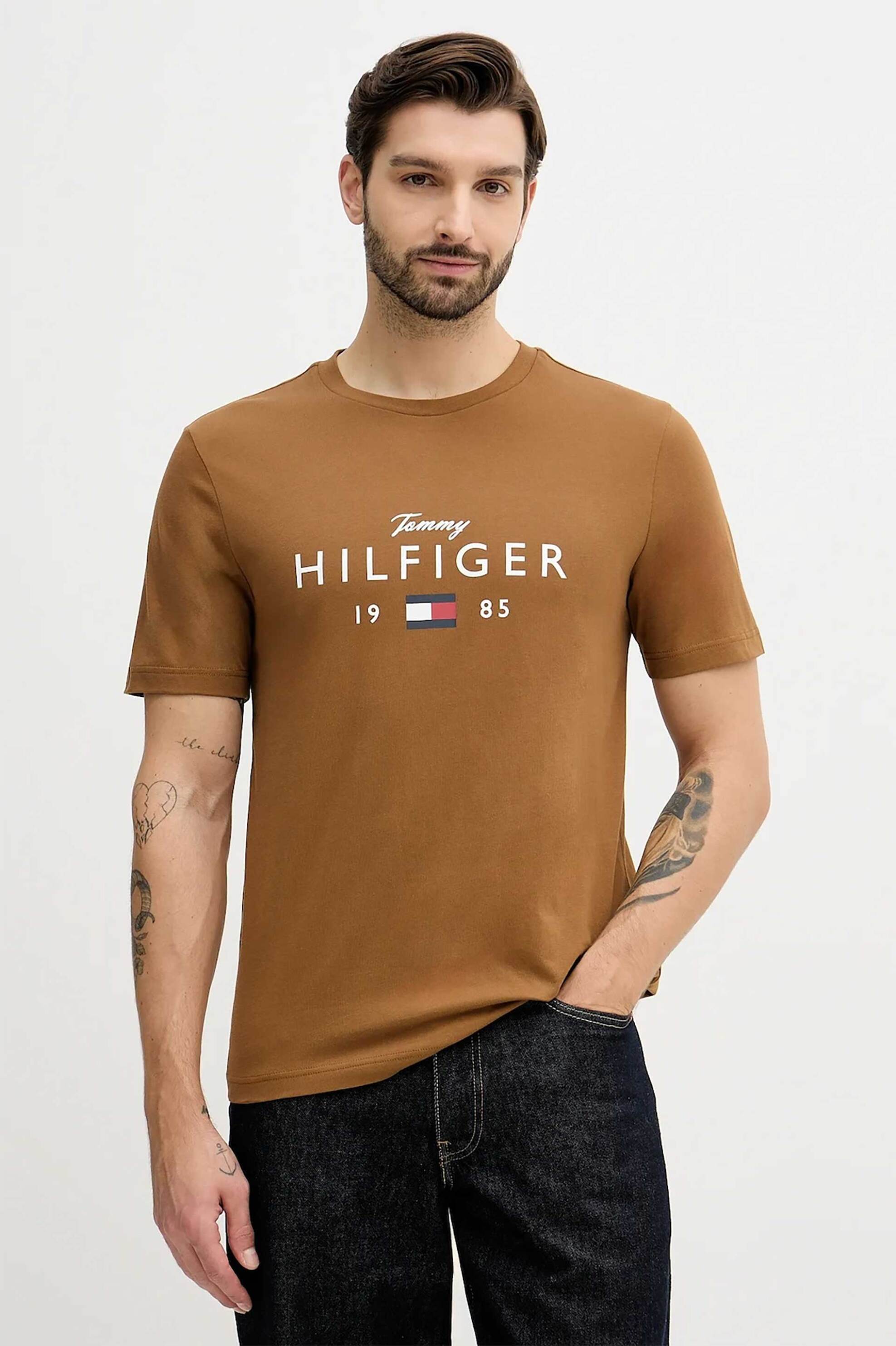 Tommy Hilfiger ανδρικό T-shirt με logo print Regular Fit - MW0MW41455 Καφέ