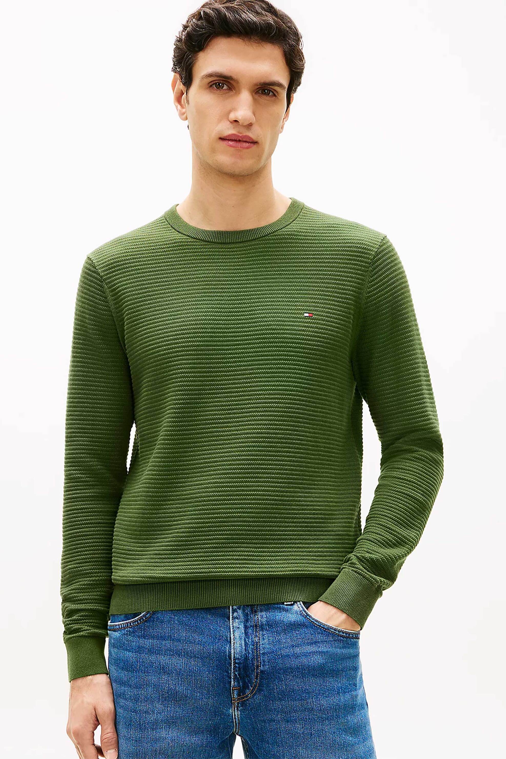 Tommy Hilfiger ανδρικό πουλόβερ textured με κεντημένο logo flag Regular Fit - MW0MW41643 Πράσινο