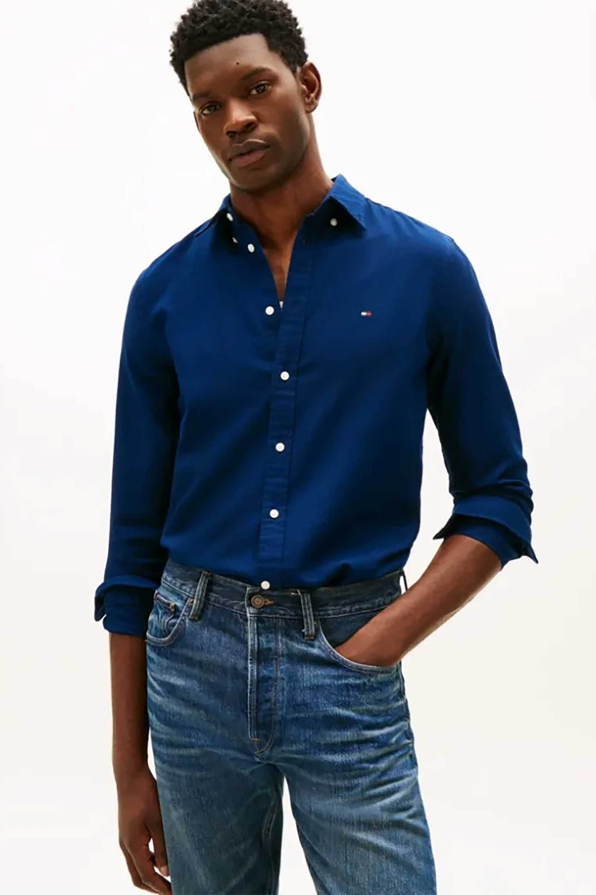 Tommy Hilfiger ανδρικό πουκάμισο button down με κεντημένο logo flag Slim Fit - MW0MW41684 Μπλε Navy