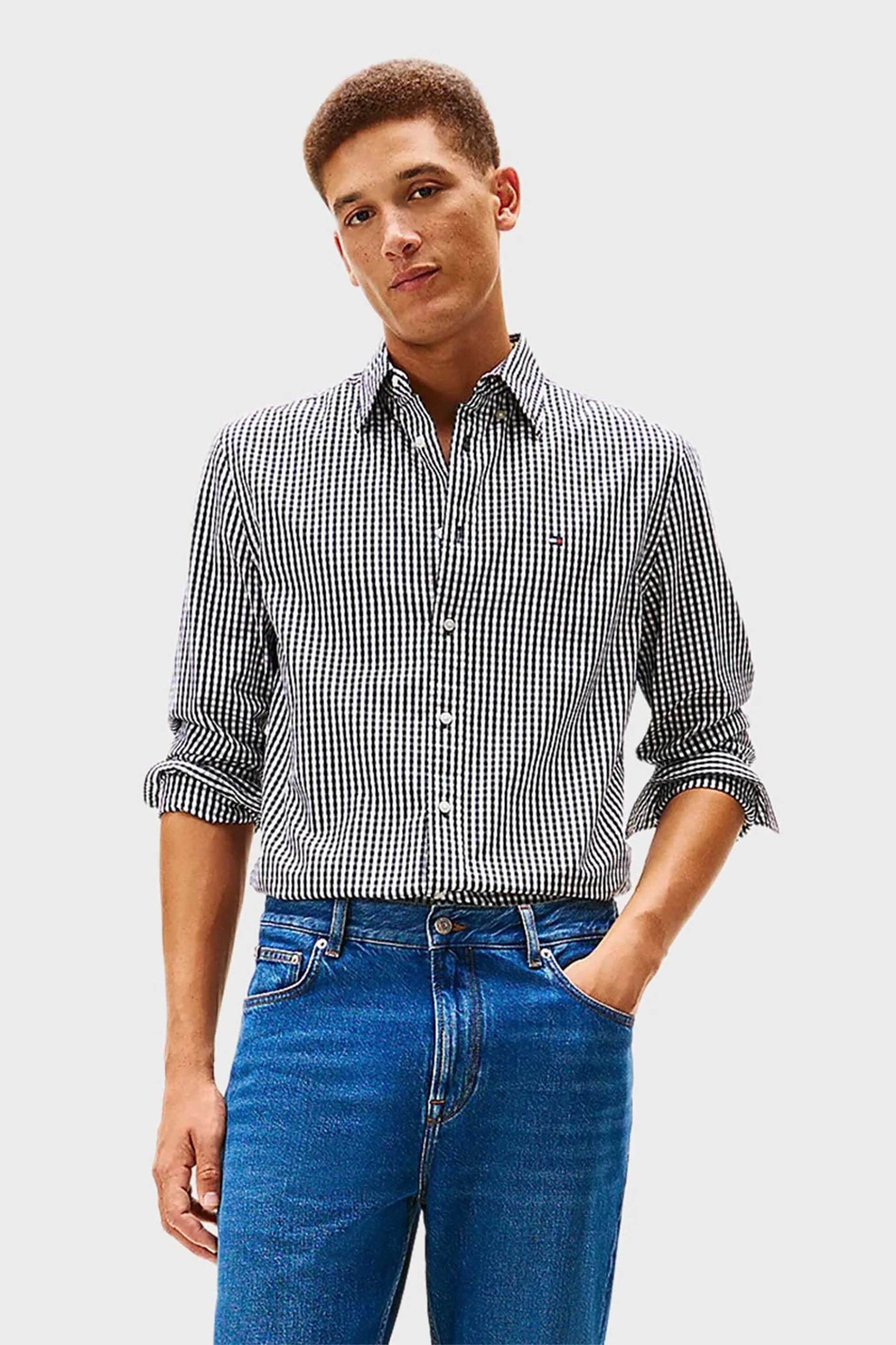 Tommy Hilfiger ανδρικό πουκάμισο button down με καρό σχέδιο και κεντημένο logo flag Regular Fit - MW0MW41713 Μαύρο