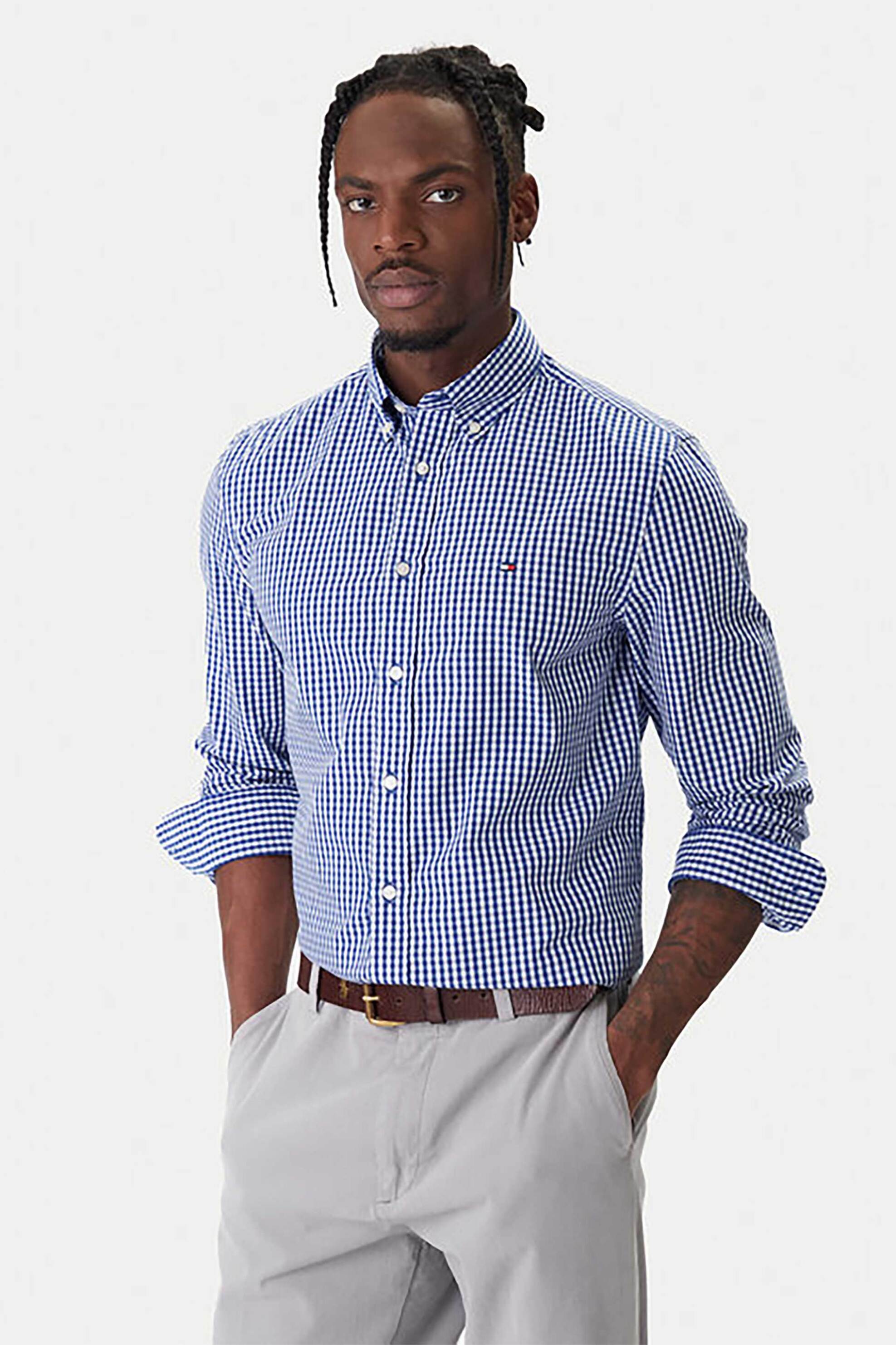 Tommy Hilfiger ανδρικό πουκάμισο button down με καρό σχέδιο και κεντημένο logo flag Regular Fit - MW0MW41713 Λευκό - Μπλε