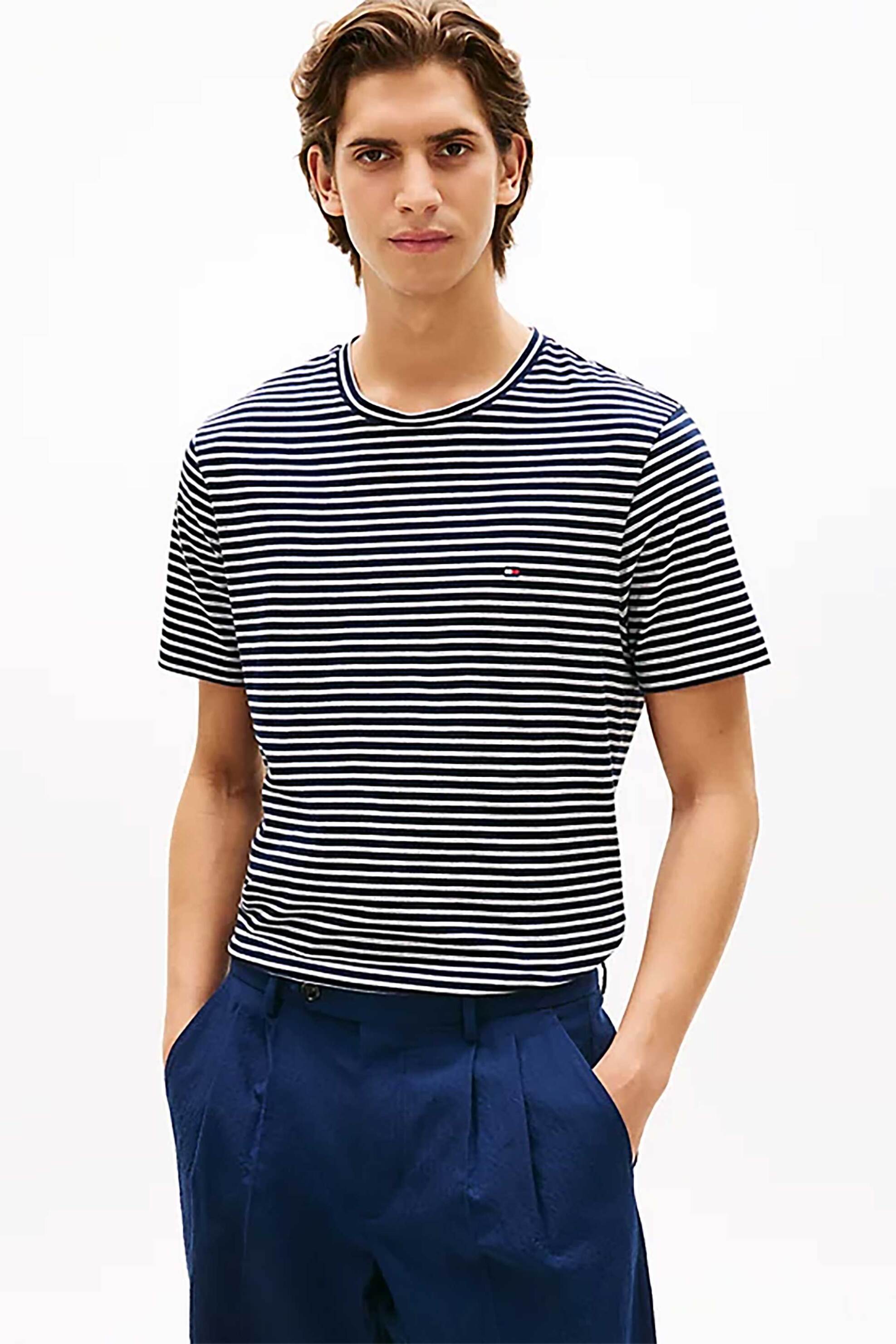 Tommy Hilfiger ανδρικό T-shirt με ριγέ σχέδιο και κεντημένο logo flag Regular Fit - MW0MW40923 Σκούρο Μπλε