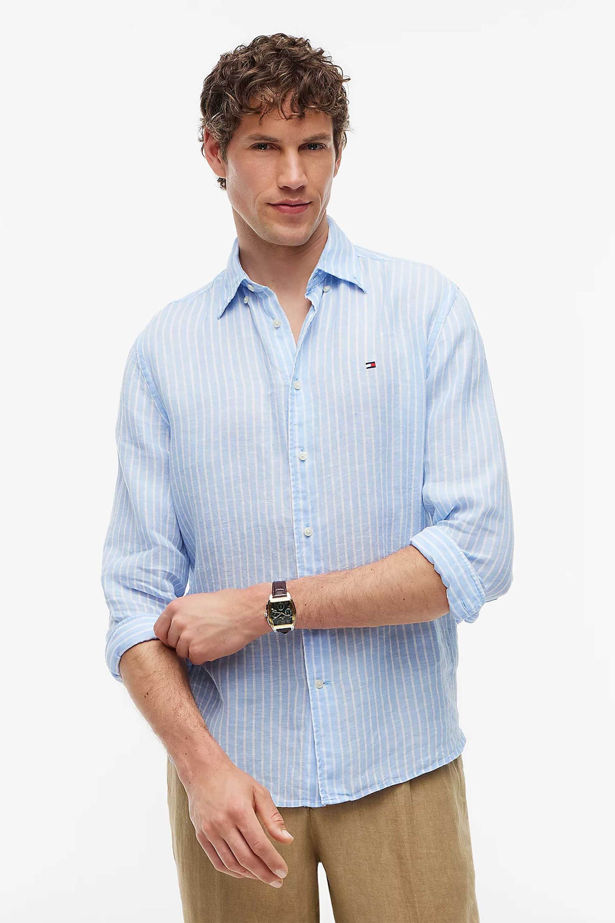 Tommy Hilfiger ανδρικό πουκάμισο λινό με ριγέ σχέδιο Regular Fit - MW0MW42400 Γαλάζιο