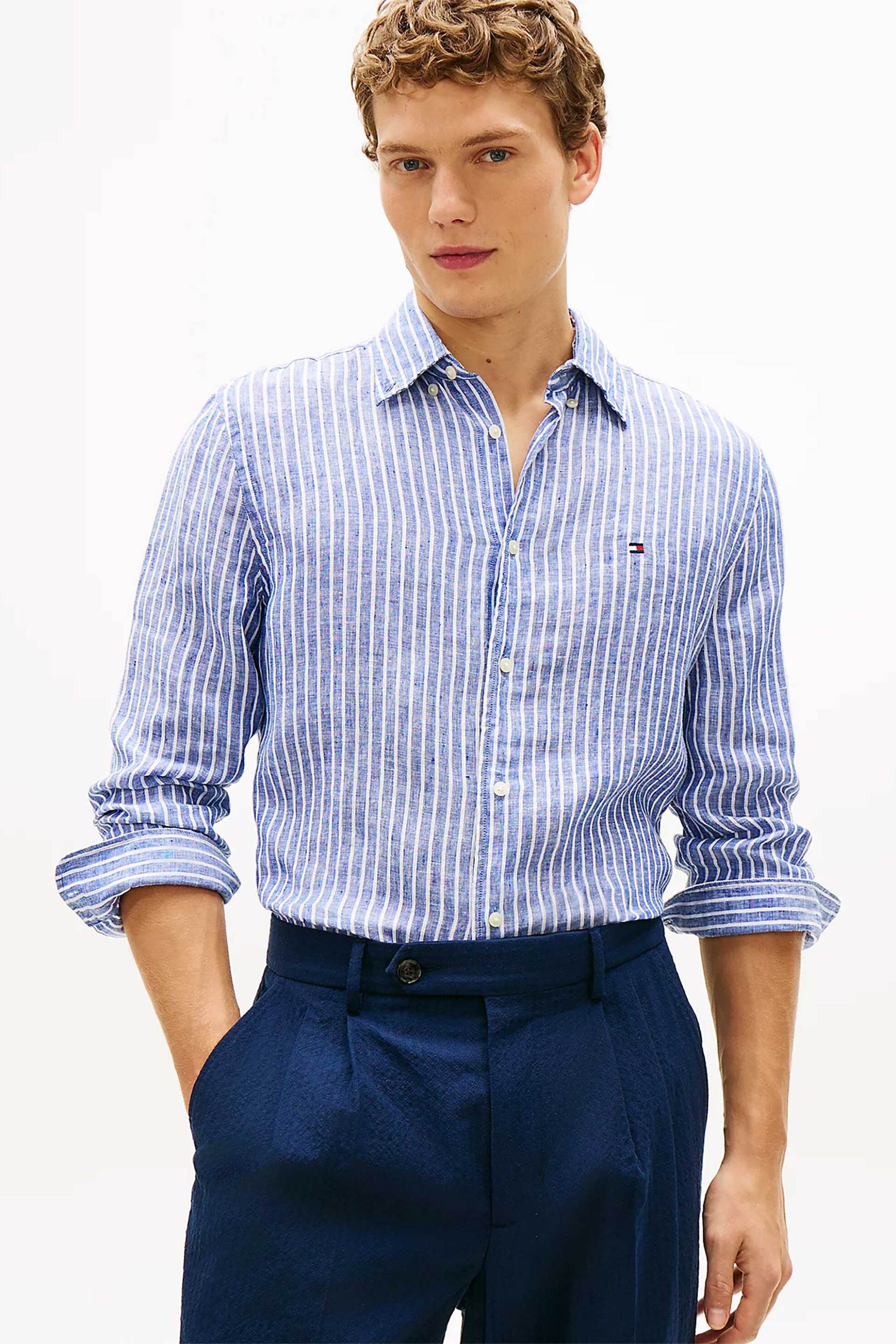 Tommy Hilfiger ανδρικό πουκάμισο λινό με ριγέ σχέδιο Regular Fit - MW0MW42400 Μπλε