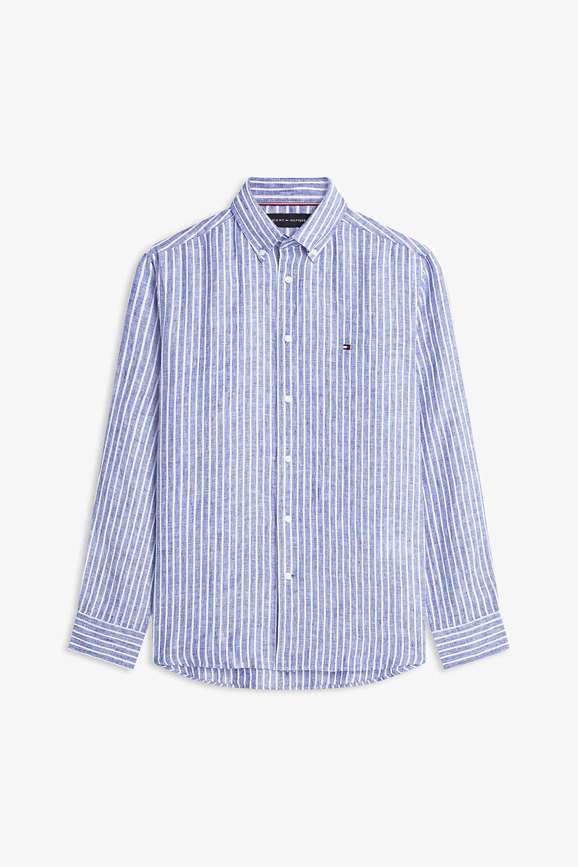 Tommy Hilfiger Ανδρικό Πουκάμισο Λινό με Ριγέ Σχέδιο Regular Fit - Mw0Mw42400 Μπλε