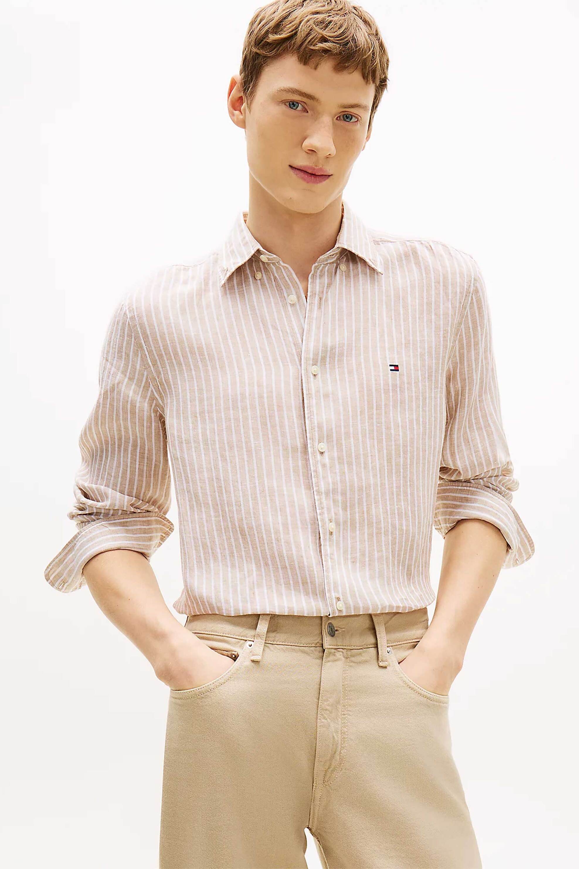 Tommy Hilfiger ανδρικό πουκάμισο λινό με ριγέ σχέδιο Regular Fit - MW0MW42400 Μπεζ