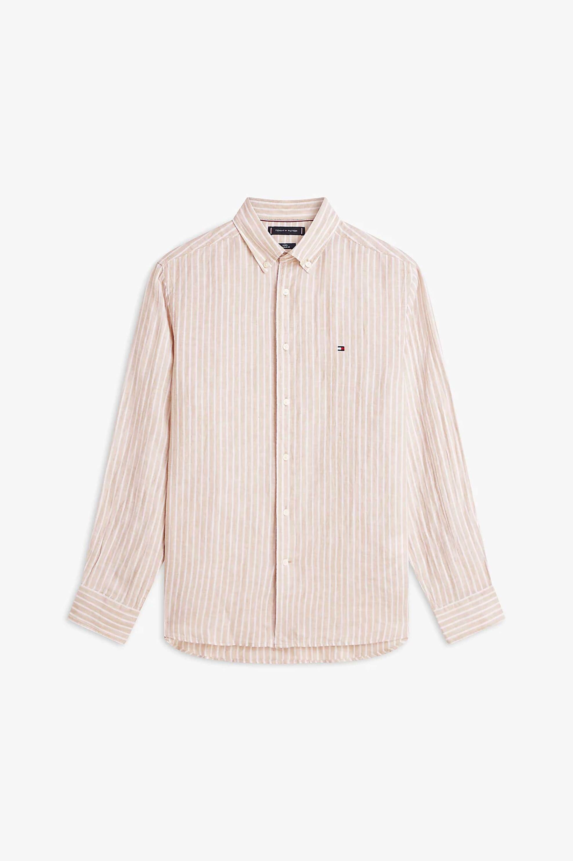 Tommy Hilfiger Ανδρικό Πουκάμισο Λινό με Ριγέ Σχέδιο Regular Fit - Mw0Mw42400 Μπεζ