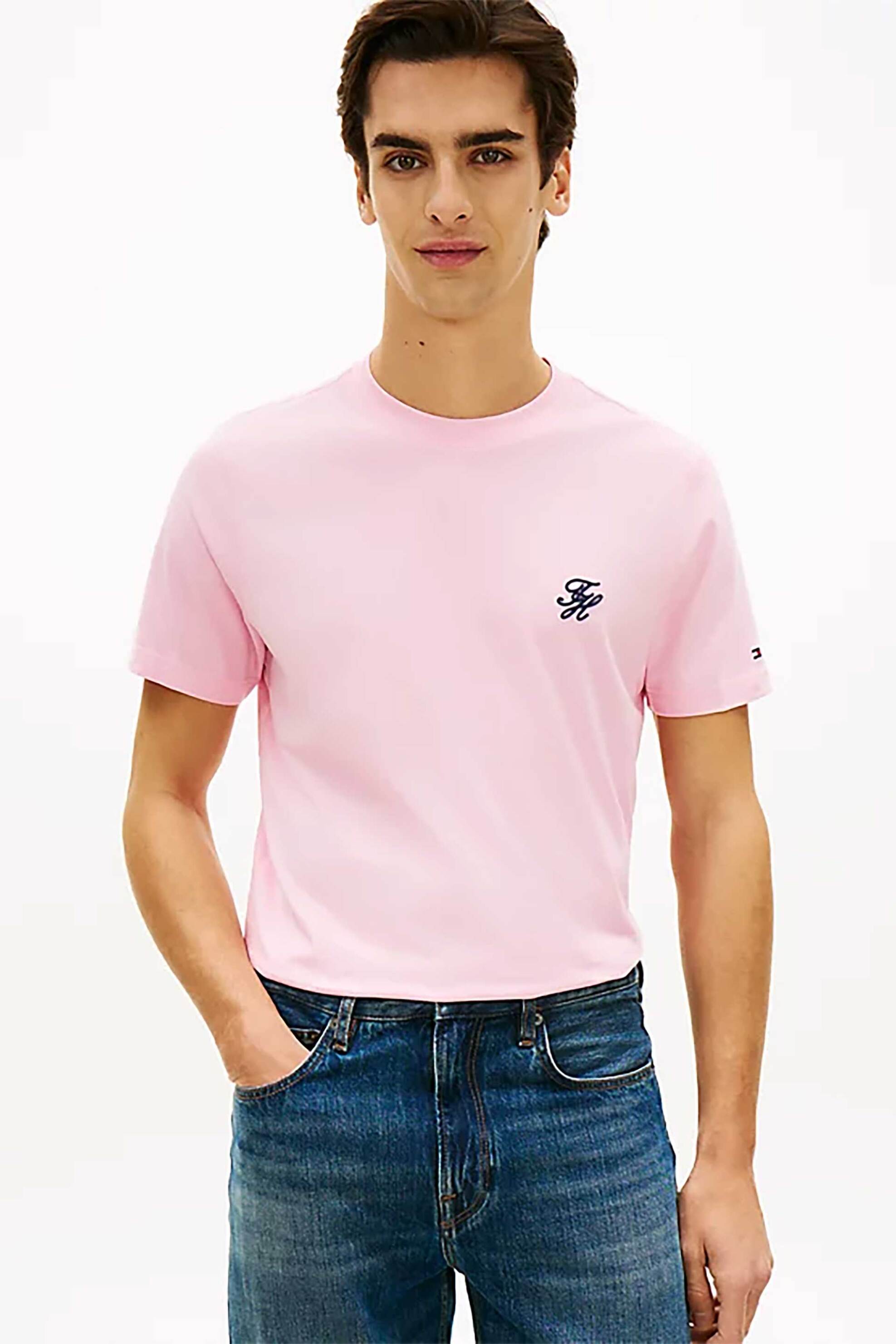 Tommy Hilfiger ανδρικό T-shirt με κεντημένο monogram Regular Fit - MW0MW43066 Ροζ