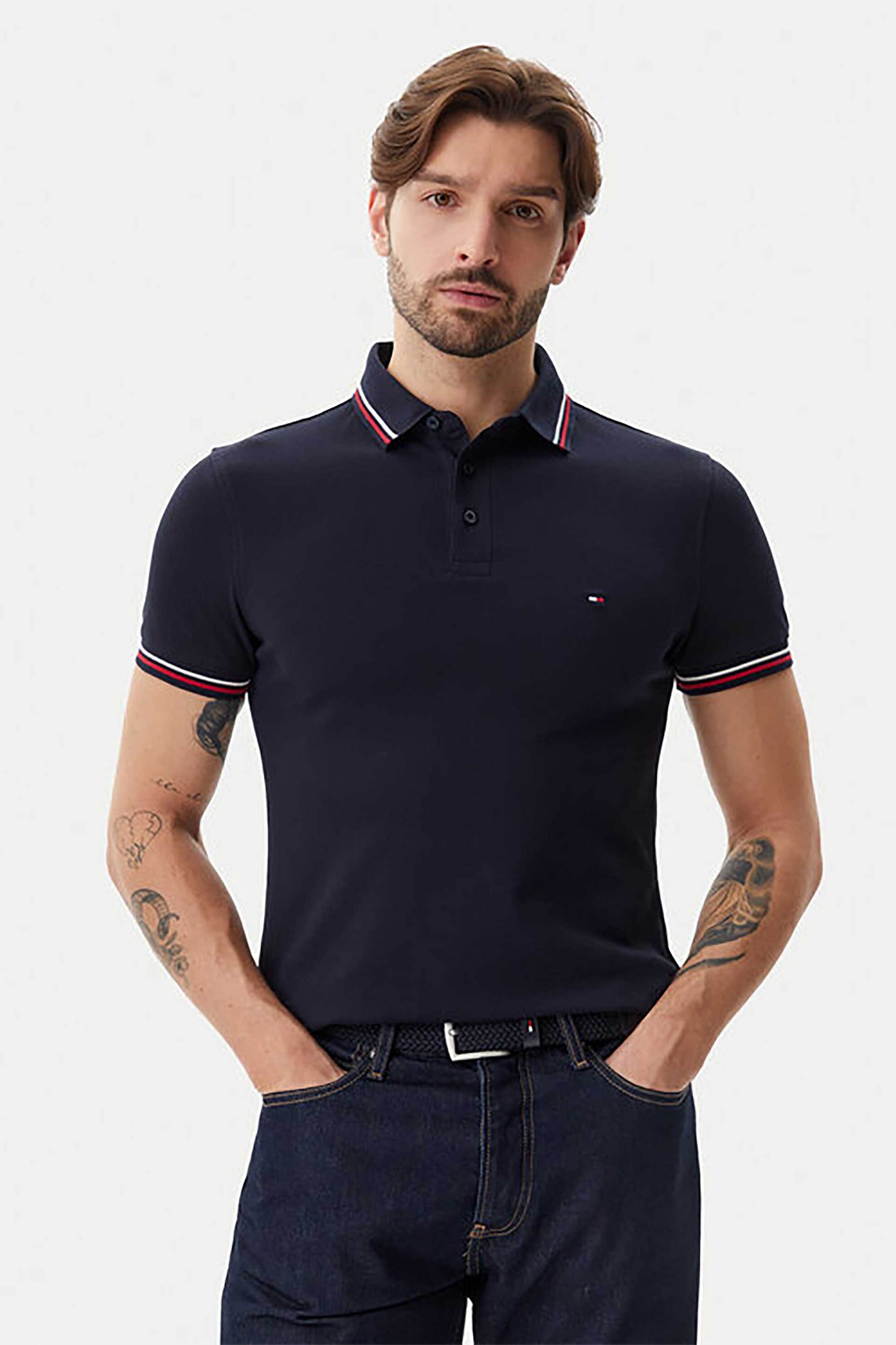 Tommy Hilfiger ανδρική μπλούζα πόλο με κεντημένο logo flag Slim Fit - MW0MW37346 Μπλε Σκούρο