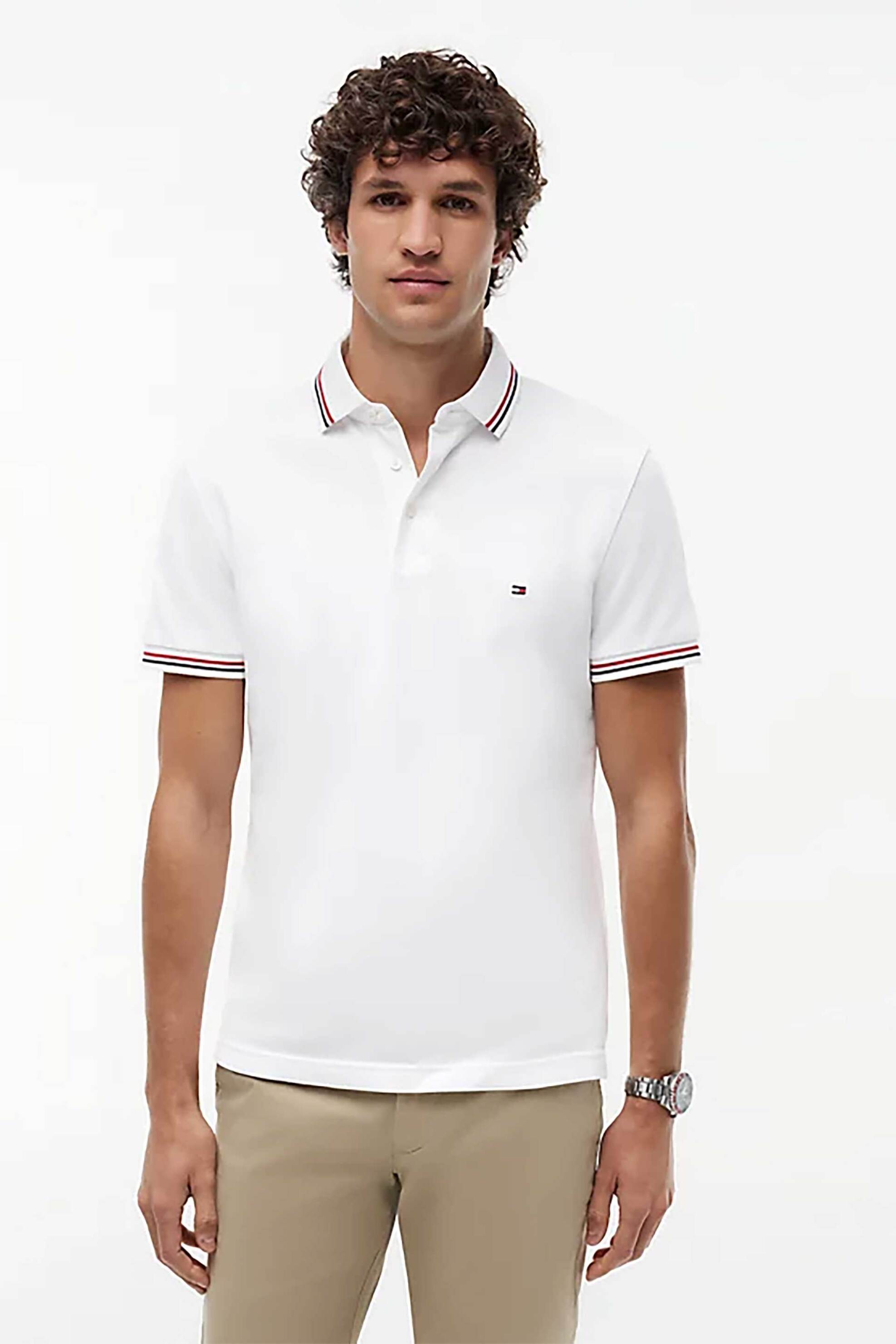 Tommy Hilfiger ανδρική μπλούζα πόλο με κεντημένο logo flag Slim Fit - MW0MW37346 Λευκό
