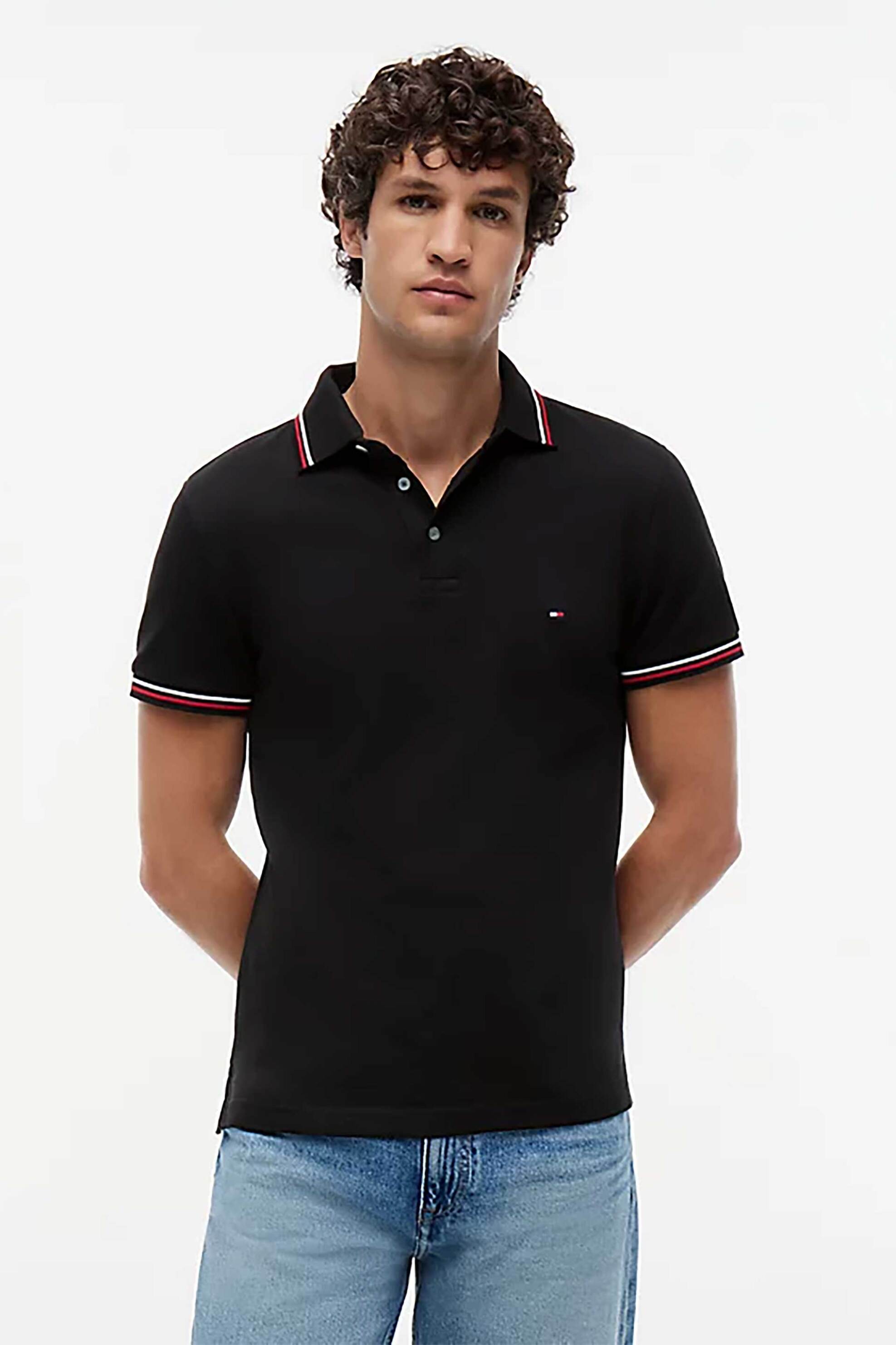 Tommy Hilfiger ανδρική μπλούζα πόλο με κεντημένο logo flag Slim Fit - MW0MW37346 Μαύρο