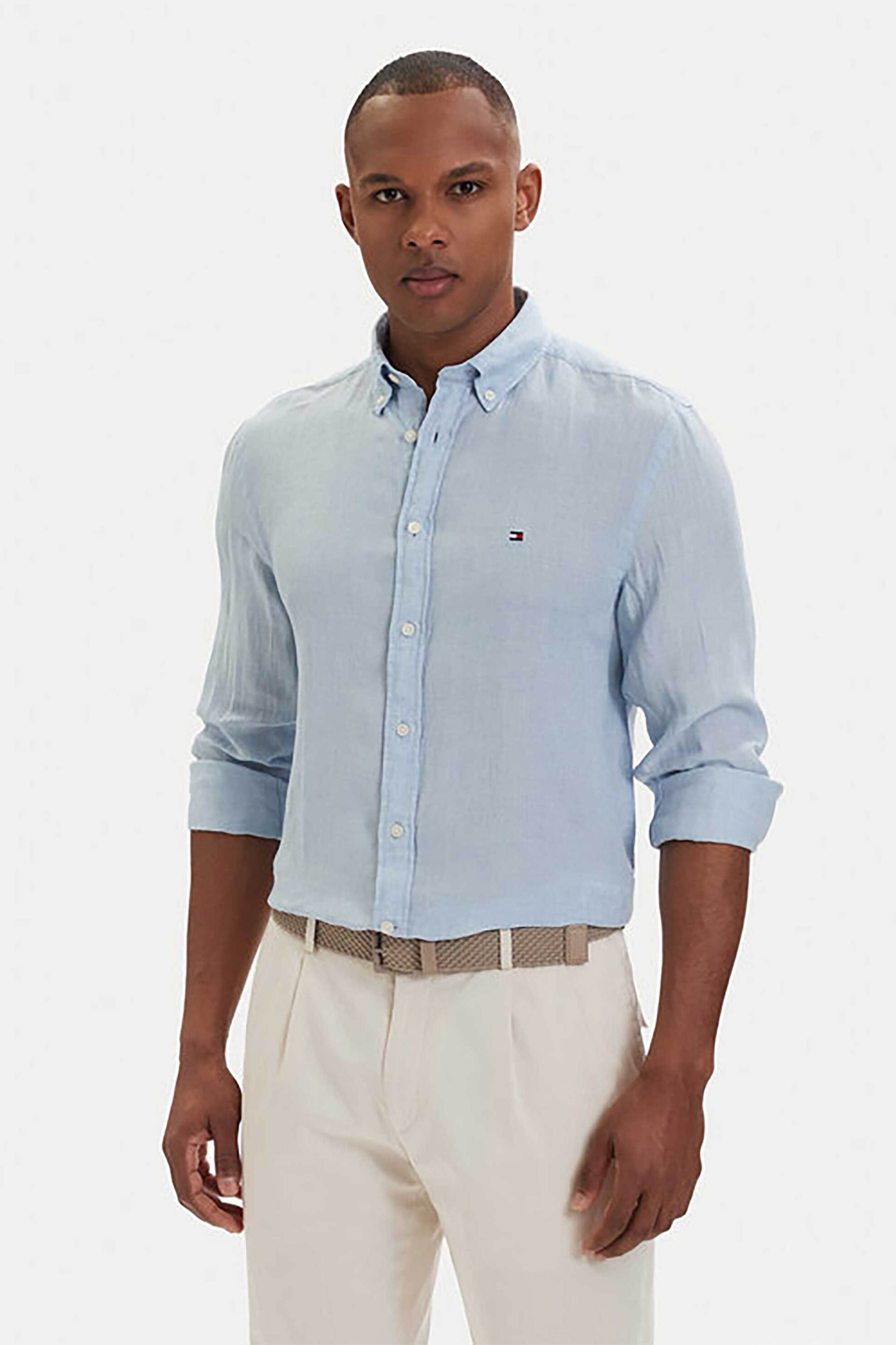 Tommy Hilfiger ανδρικό λινό πουκάμισο button down με κεντημένο logo flag Regular Fit - MW0MW41530 Μπλε Ανοιχτό