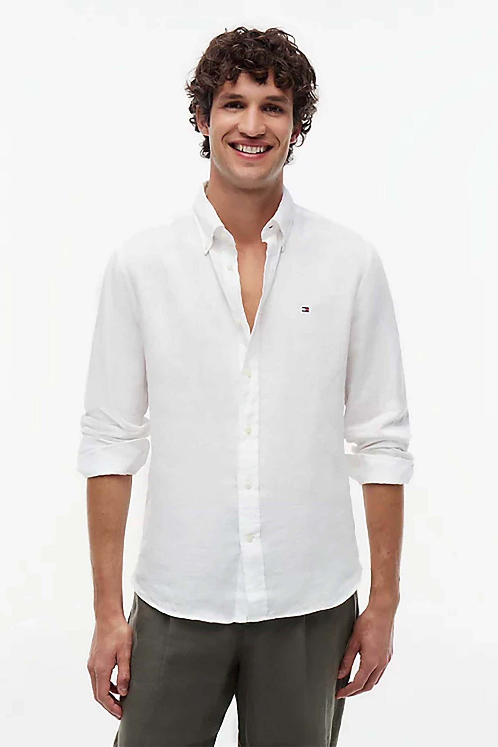 Tommy Hilfiger ανδρικό λινό πουκάμισο button down με κεντημένο logo flag Regular Fit - MW0MW41530 Λευκό